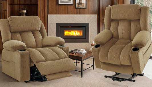 Neioml 2 Set Triple Motor Large-Wide Power Lift Recliner Chair for Elderly Big and Tall, Lay Flat, Heat and Massage, Infinite Position, Power Headrest,Plush Flannel, Set of 2 - (Beige)
