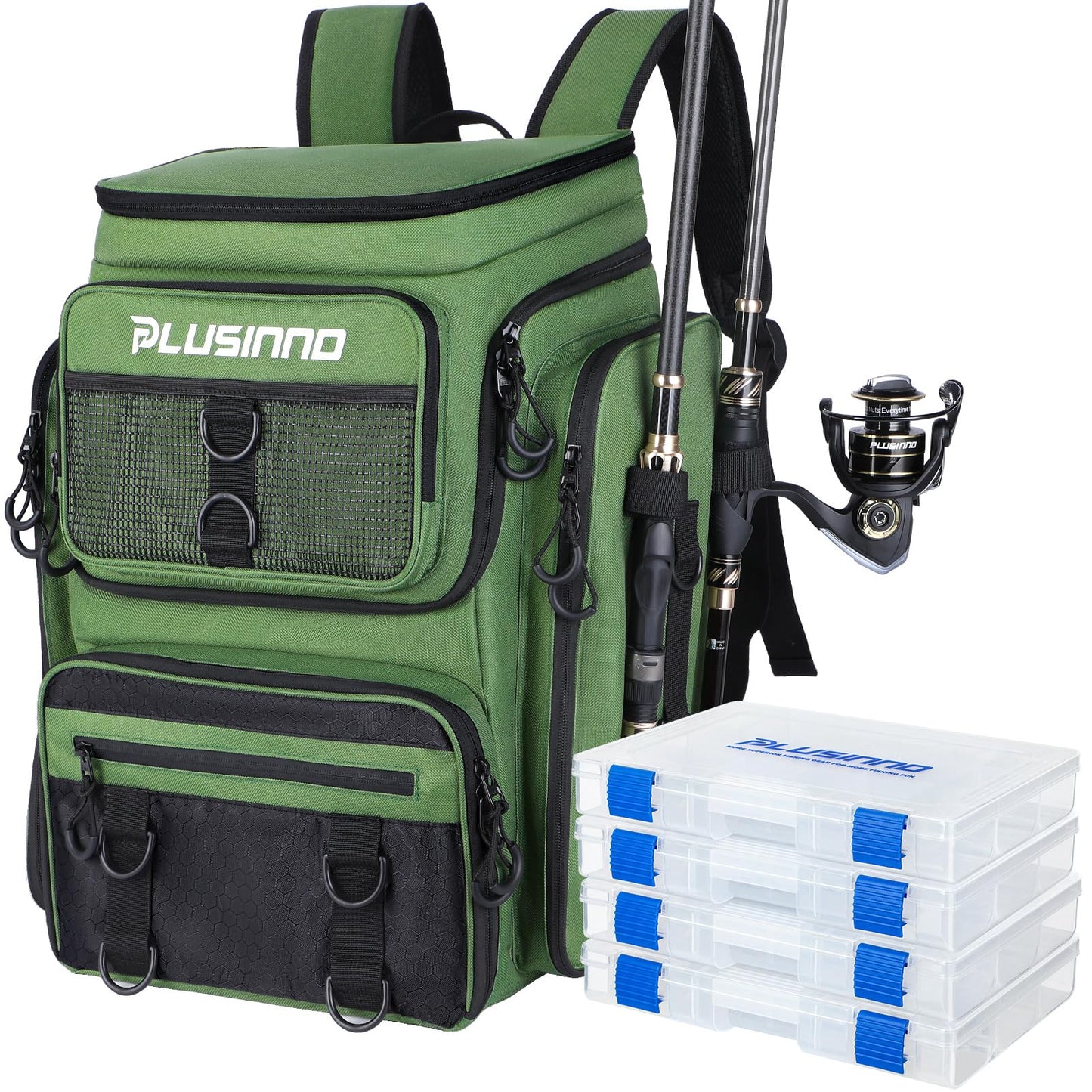 PLUSINNO Fishing Backpack with Rod Holders, 42L Water-resistant Fishing Tackle Bag With 4 Tackle Boxes,Fishing Gear For Camping, Hiking, Fishing Gifts for Men Green