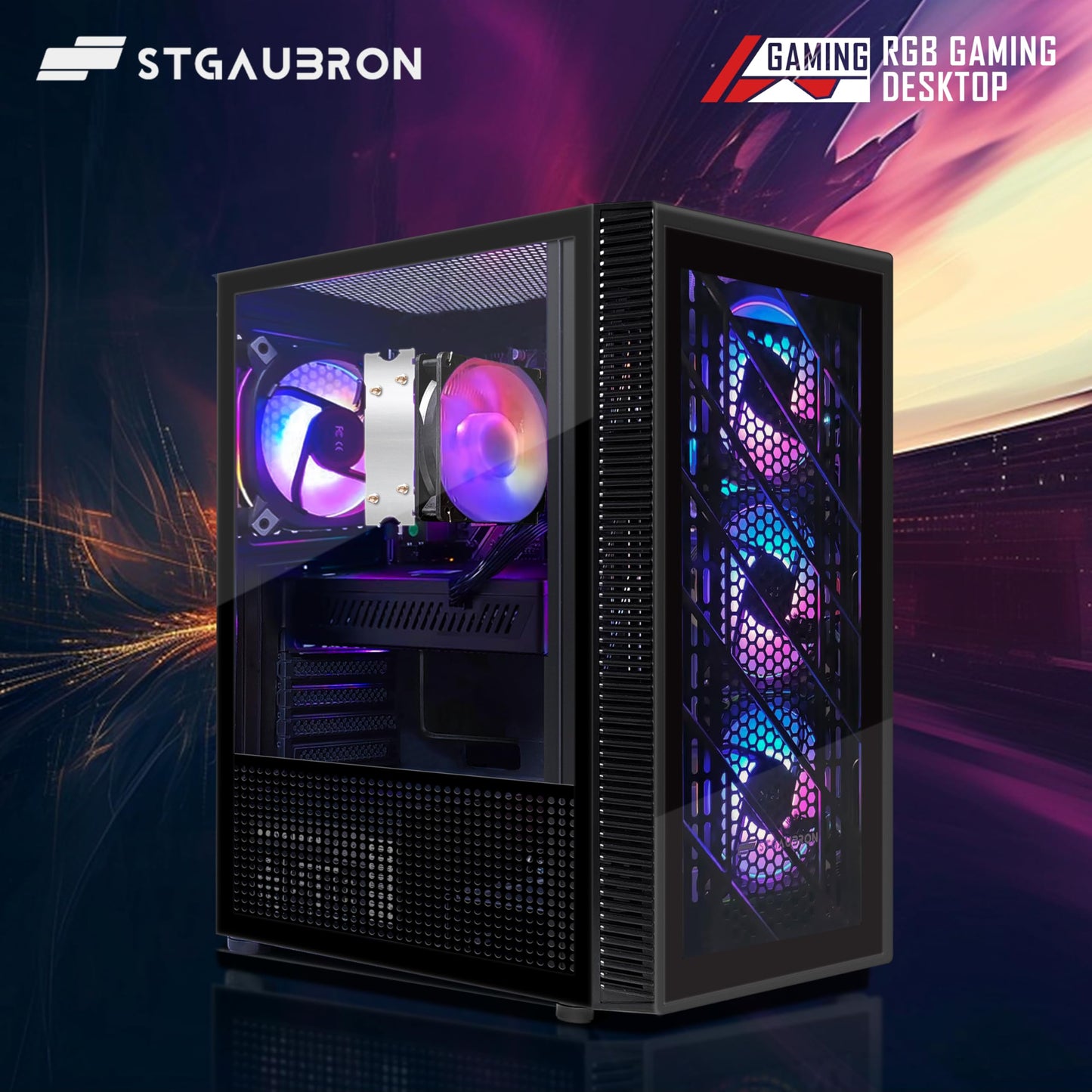 STGAubron Gaming PC Computer Desktop,AMD Ryzen 5 5500 up to 4.2GHz, Radeon RX 580 8G, 16G DDR4, 512G SSD, WiFi 6 5G & BT 5.2, RGB Fan x4, Windows 11 Home
