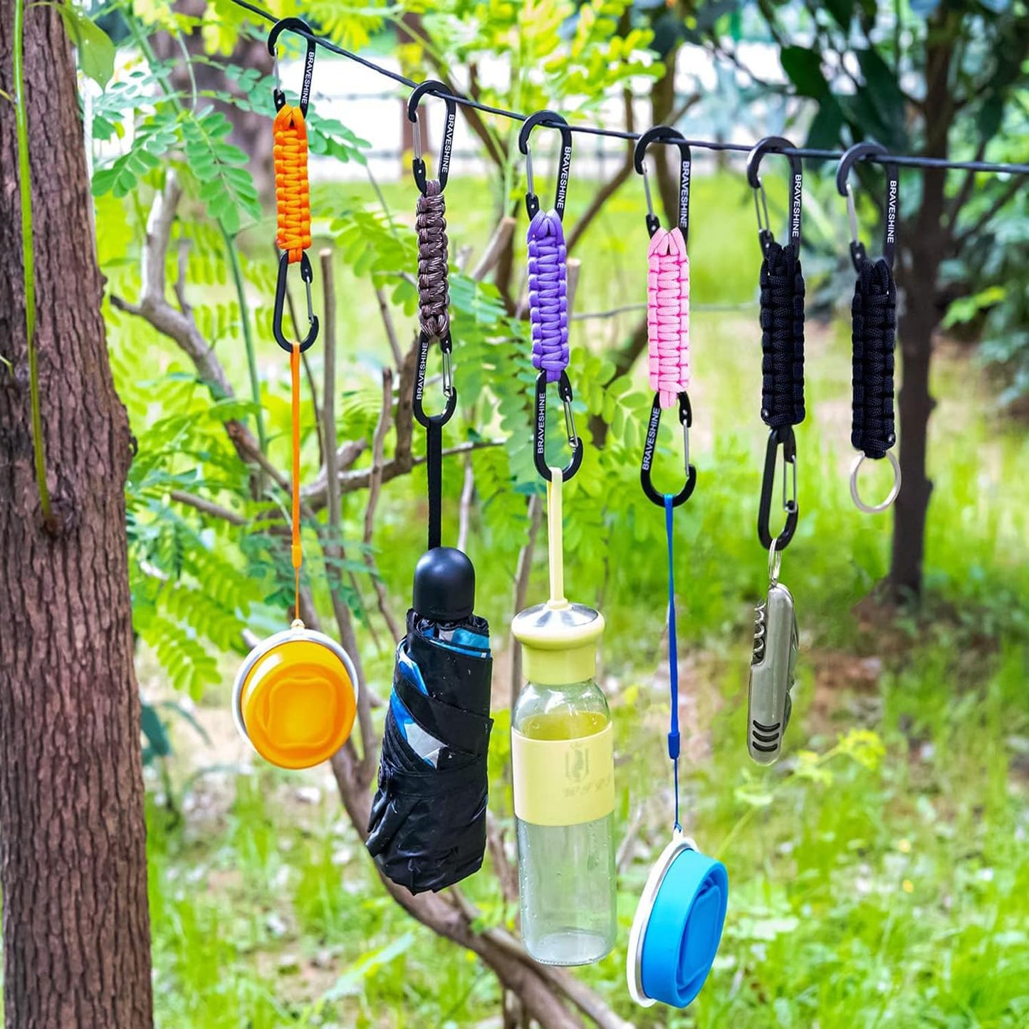 BRAVESHINE 2 Pack Pink Paracord Keychain Hook Carabiner Clips, Lanyard Hanger with D Ring Hooks Heavy-Weight Stroller Hook Holder for Water Bottle, Key, Backpacks, Tools, Boys, Girls, Men, Women