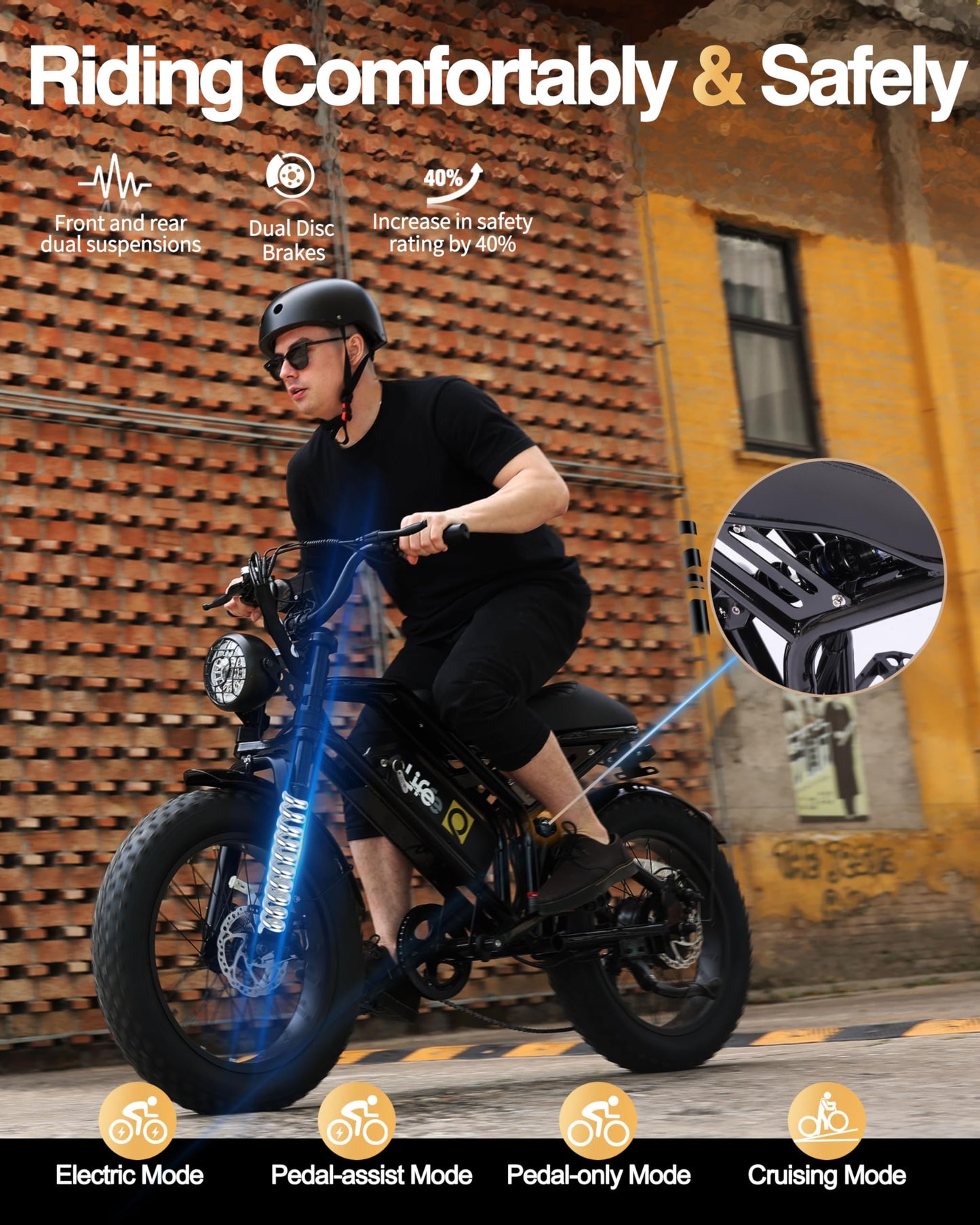 Qlife Electric Bike for Adults-1500W Peak Motor 20" Fat Tires 28MPH EBike, 624Wh Removable Battery Bicycle, with Dual Suspension & Brakes Motorcycle, 7-Speed,E Bike, Spark