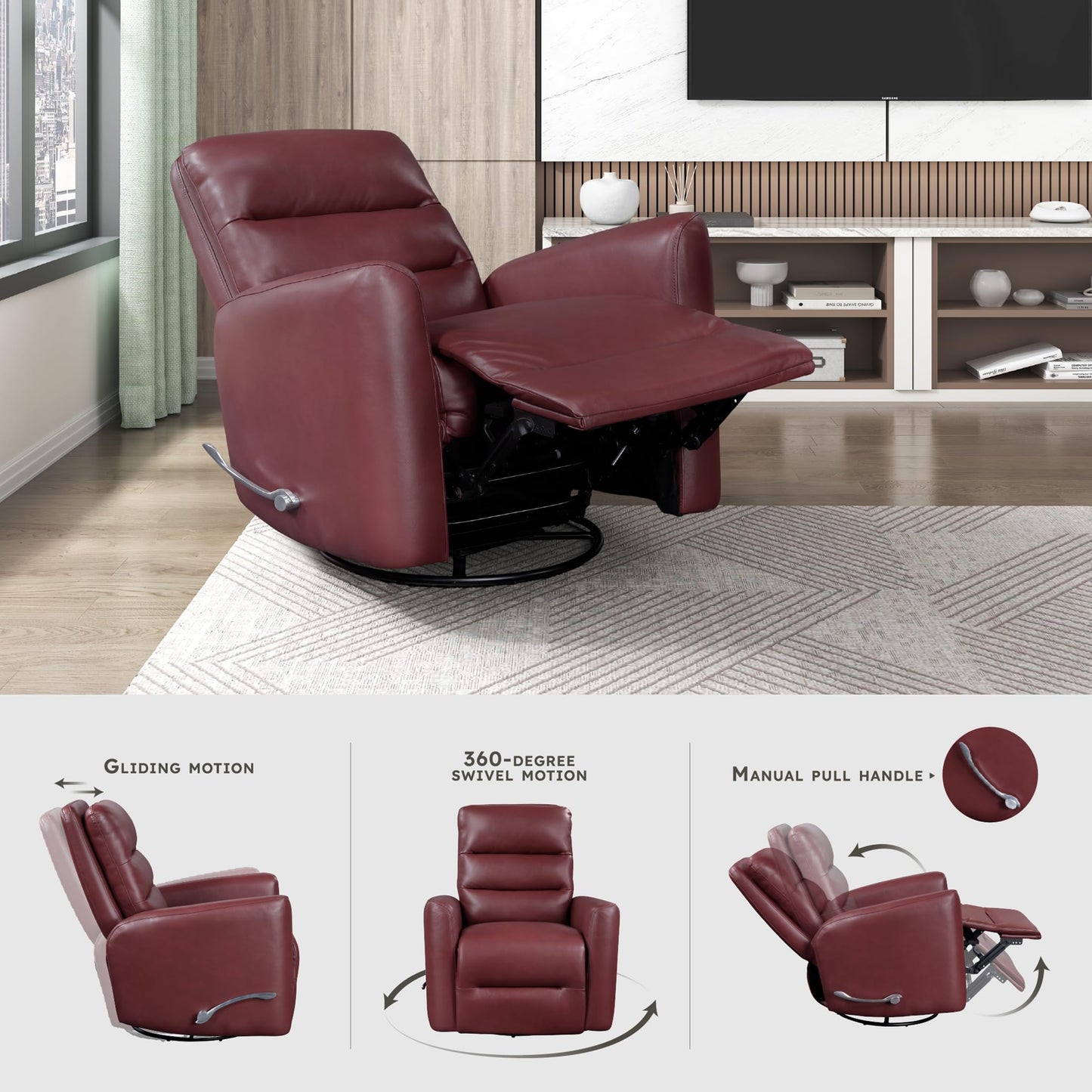 Lexicon Swivel Glider Recliner Chair, Comfy Nursery Glider, Faux Leather Recliner, Manual Reclining Chair for Living Room/Office/Apartment, Red