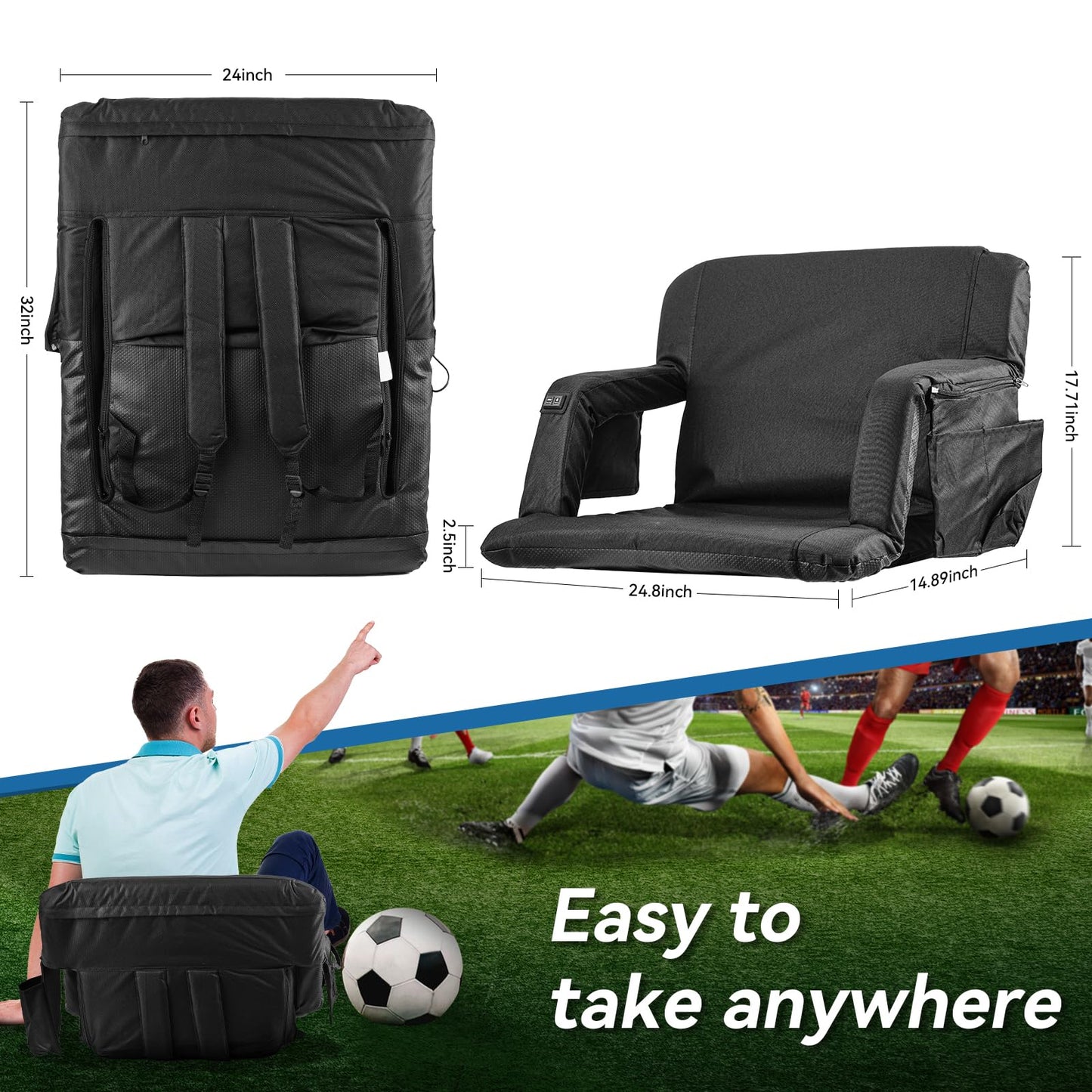 Heated Massage Stadium Seats, 25 Inch Heated Stadium Seats for Bleachers with 10000mAh Power Bank, 3 Levels of Heat & 6 Massage, 6 Reclining Positions for Indoor Stadiums, Baseball Stadiums