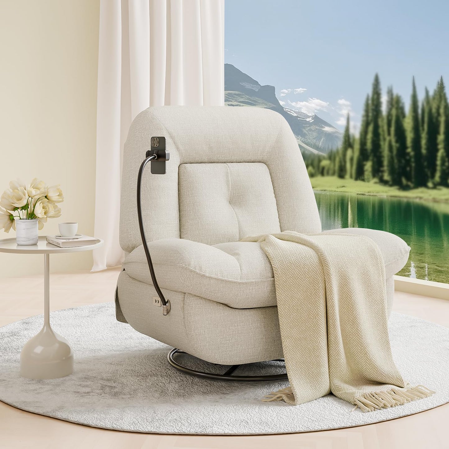 Oversized Power Swivel Rocker Recliner Chair - USB Port, Recliner Chairs for Adults, Reclining with Phone Holder, Hidden Storage, Designed for Effortless Movie Nights & Relaxation (White)