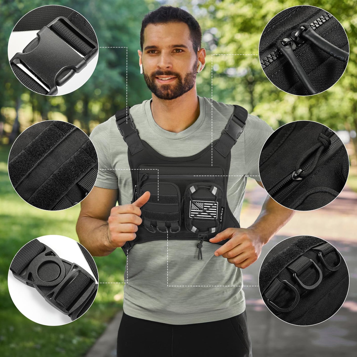 LarKoo Sports Chest Bag for Men & Women EDC Pouch Bag Chest Vest Holster Fits Most Pistols, Adjustable IFAK Travel Chest Pack for Running, Hiking, Workouts… (Black)