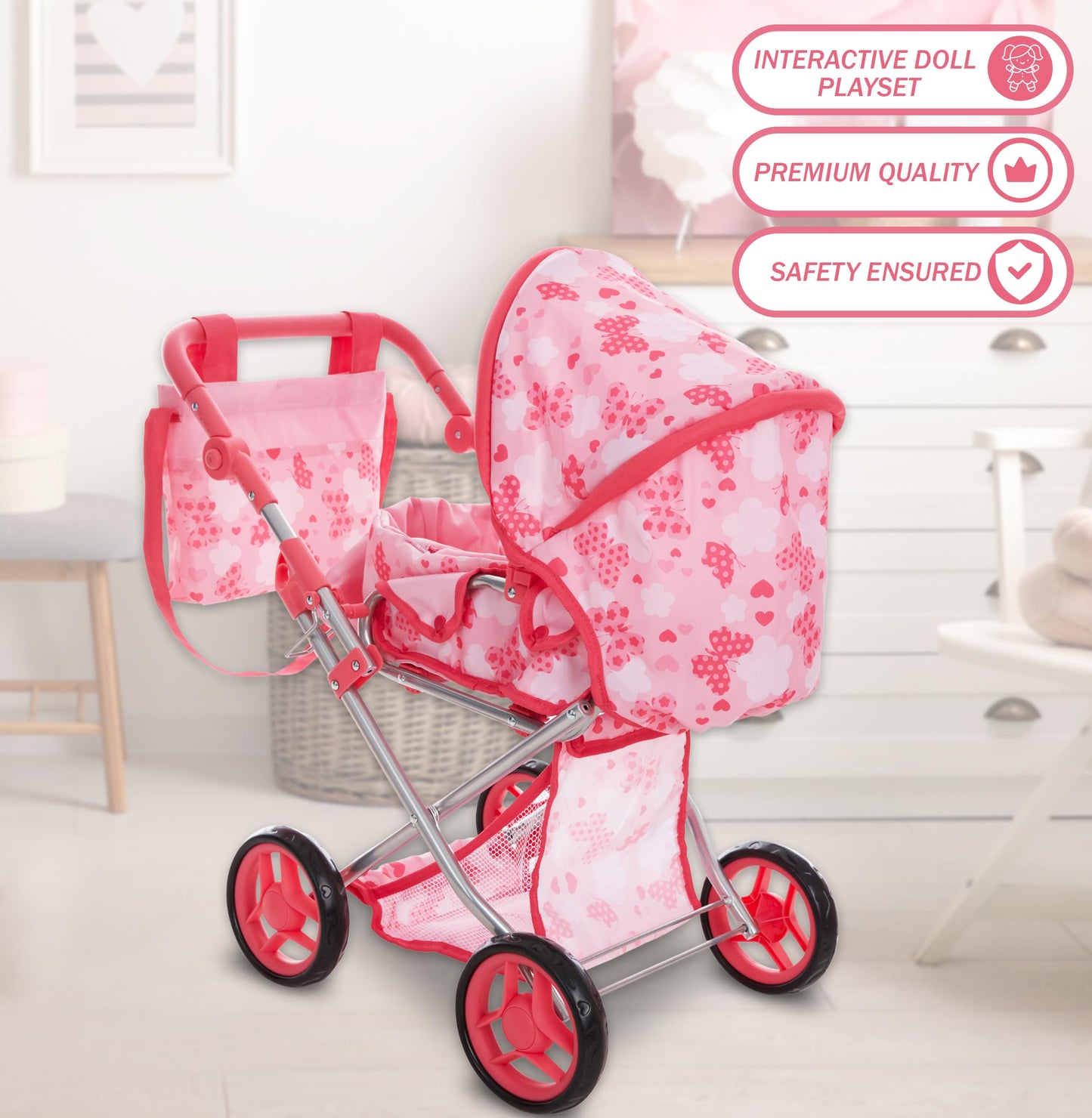 Baby Doll Convertible Pram Stroller with Removable Travel Bassinet Carrier for Kids Adjustable Handle Buggy Carriage with Canopy and Storage Basket 25 Inch Pink