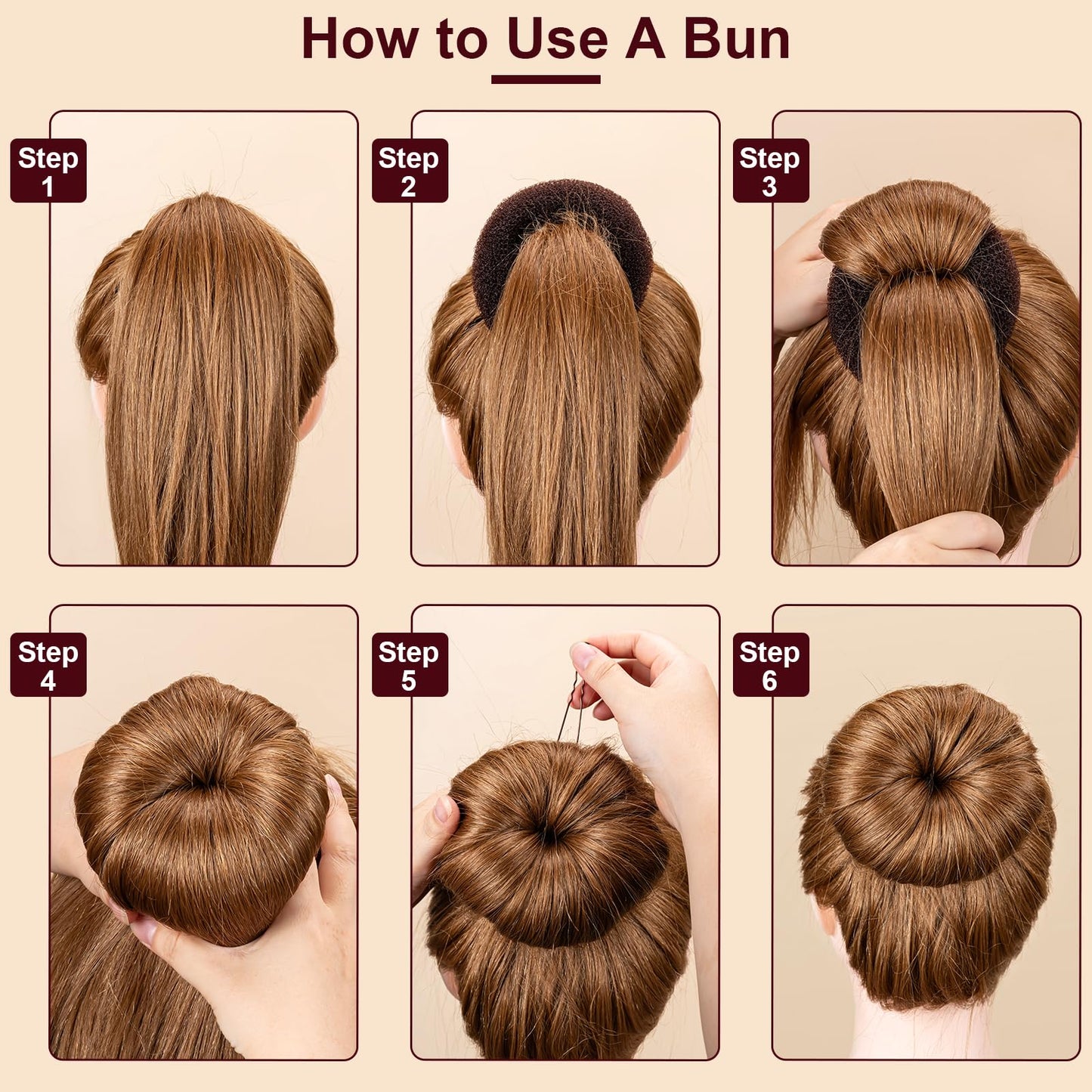 Amrules Donut Hair Bun Maker Set, 8 Pieces with 10 Black Rubber Bands and 20 Bun Bobby Pins for Ladies, Brown
