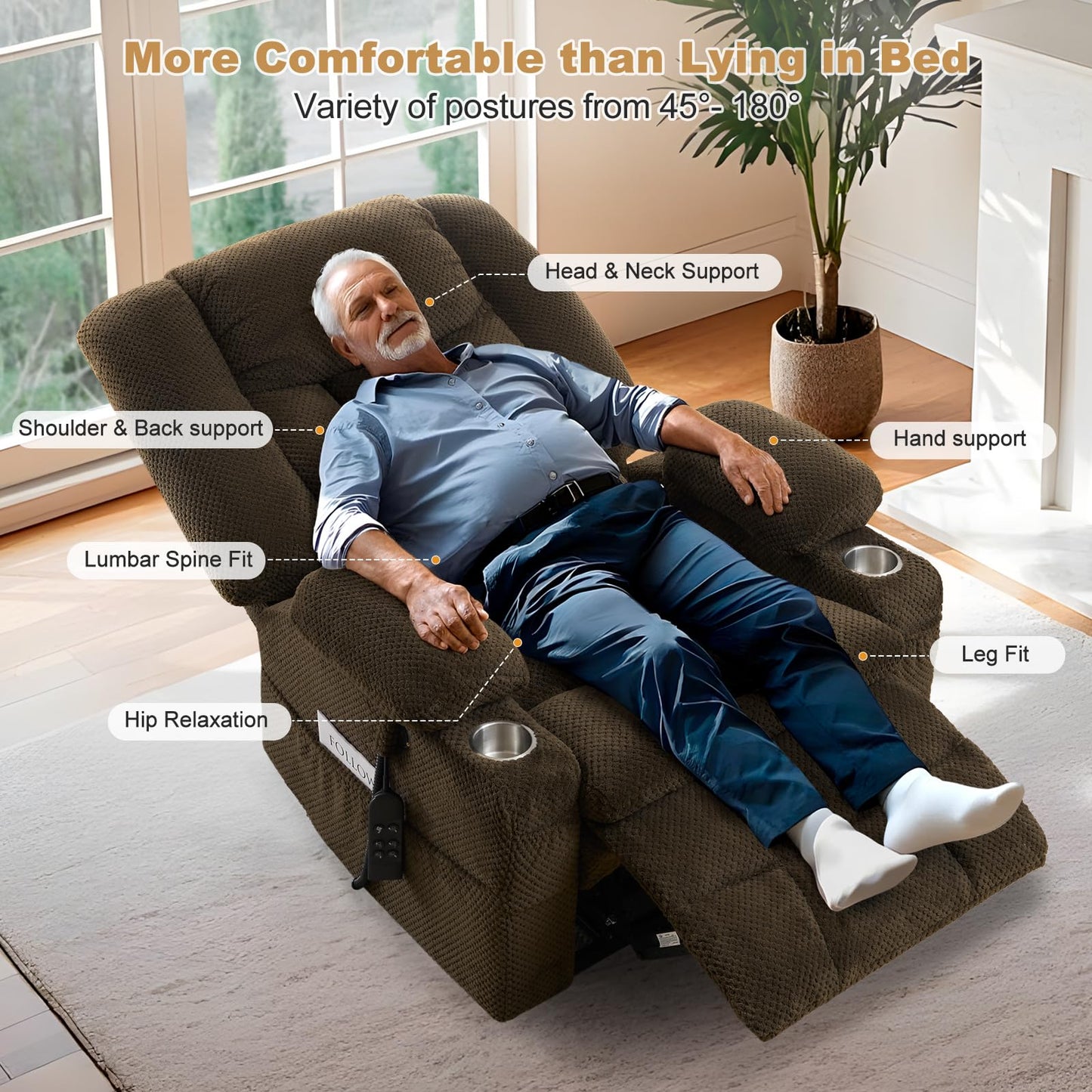 Madaha Electric Power Large Lift Recliner Chair Sofa with Massage and Heat for Elderly, Oversized Lay Flat Dual Motor Infinite Position Recliner Chair, Side Pockets, Cup Holders, USB Ports (Brown)