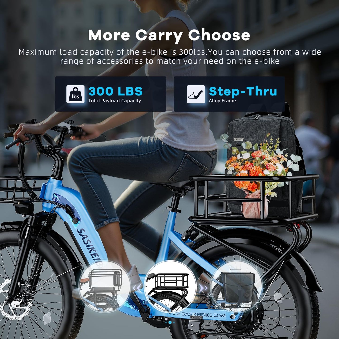 SASIKEIBIKE 1500W Motor Peak Electric Bike for Adults and Teenagers, 48V 20AH Removable Battery Step Thru EBike, 30+MPH, 80 Miles Max Range, 24" Fat Tire Adult Electric Bicycles for 7 Speed