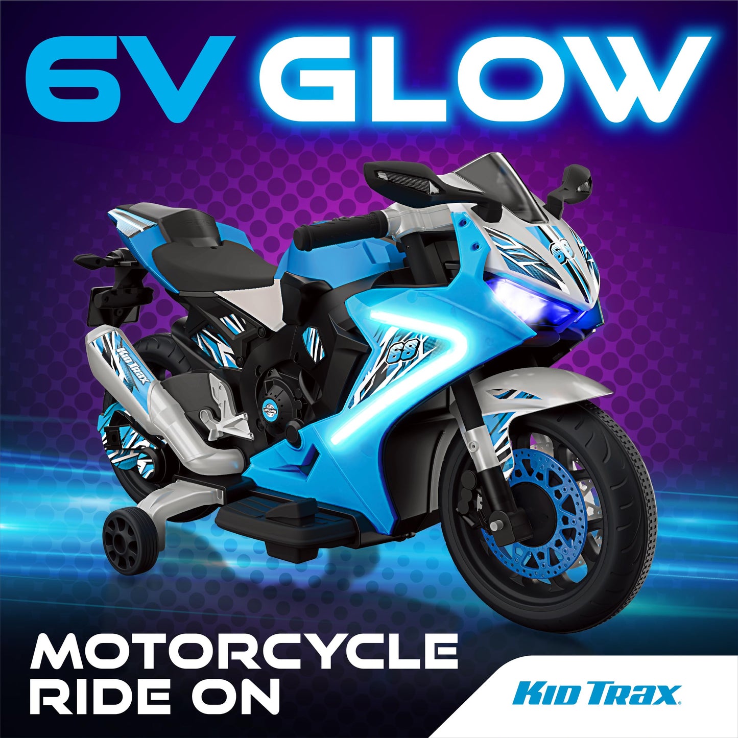 Kid Trax 6V Glow Electric Toddler Kids Motorcycle - Toddler Bike, Indoor/Outdoor Toys, Durable, LED Headlights and Body Light, Realistc Sounds, Kids Ride On Toys, Max Weight 65lbs, Ages 3-6, Blue