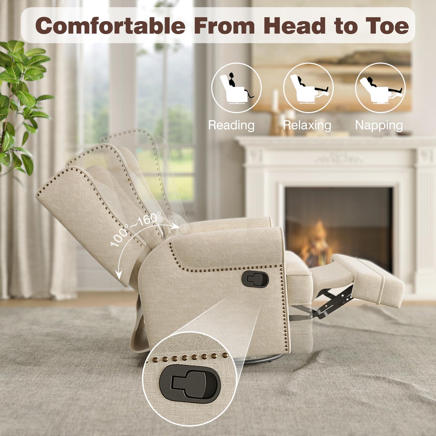 RoyalCraft Swivel Recliner Chair with Extra Large Footrest, Comfy Upholstered Glider Rocking Chair for Living Room, Bedroom and Ofice, Beige