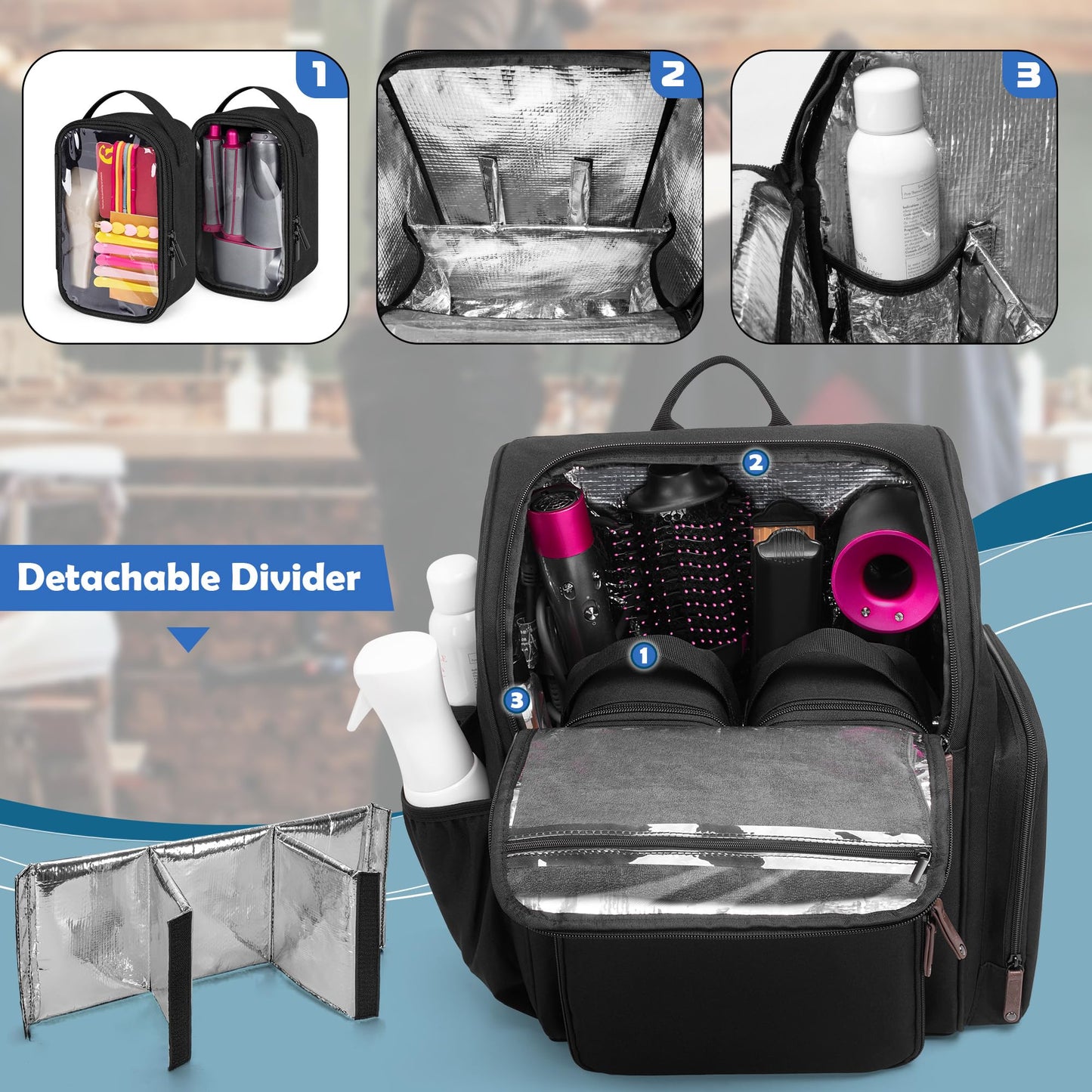 BAFASO Large Capacity Insulated Barber Case with a Semi Detachable Divider and 2 Removable Pouches, Hairstylist Traveling Bag with Multiple Pockets Holds Barber Styling Tools, Black