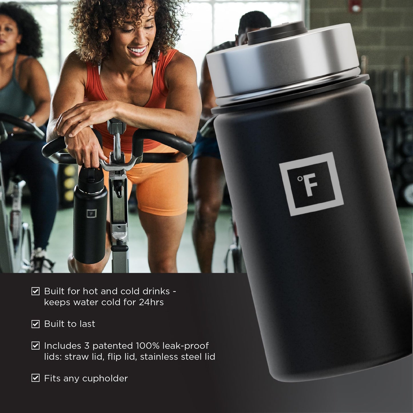 IRON °FLASK Camping & Hiking Hydration Flask, Wide Mouth, 3 Straw Lids, Stainless Steel Outdoor Water Bottle, Double Walled, Insulated Thermos, Metal Canteen - Midnight Black, 14 Oz