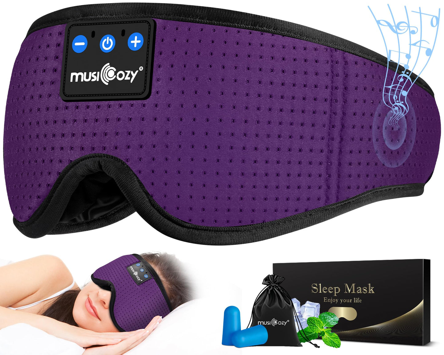 MUSICOZY Sleep Headphones Masks, Bluetooth Sleep Eye Mask for Sleeping for Side Sleepers, Sleeping Masks Headphones Wireless Music Mask Men Women with Speakers Cool Tech Gadgets Gifts(Purple)