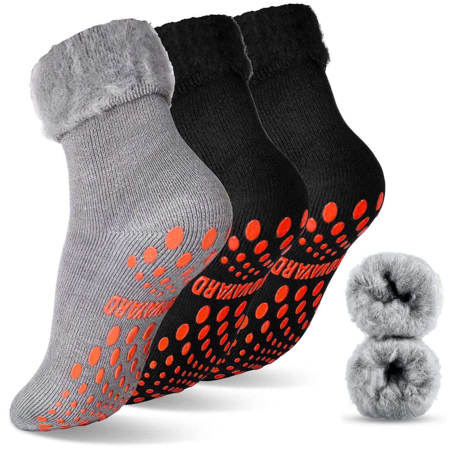 NOVAYARD 3 Pairs Non Slip Thermal Socks Hospital Slipper Crew Grip Cozy Wool socks Men Women(Black+Grey,Medium)
