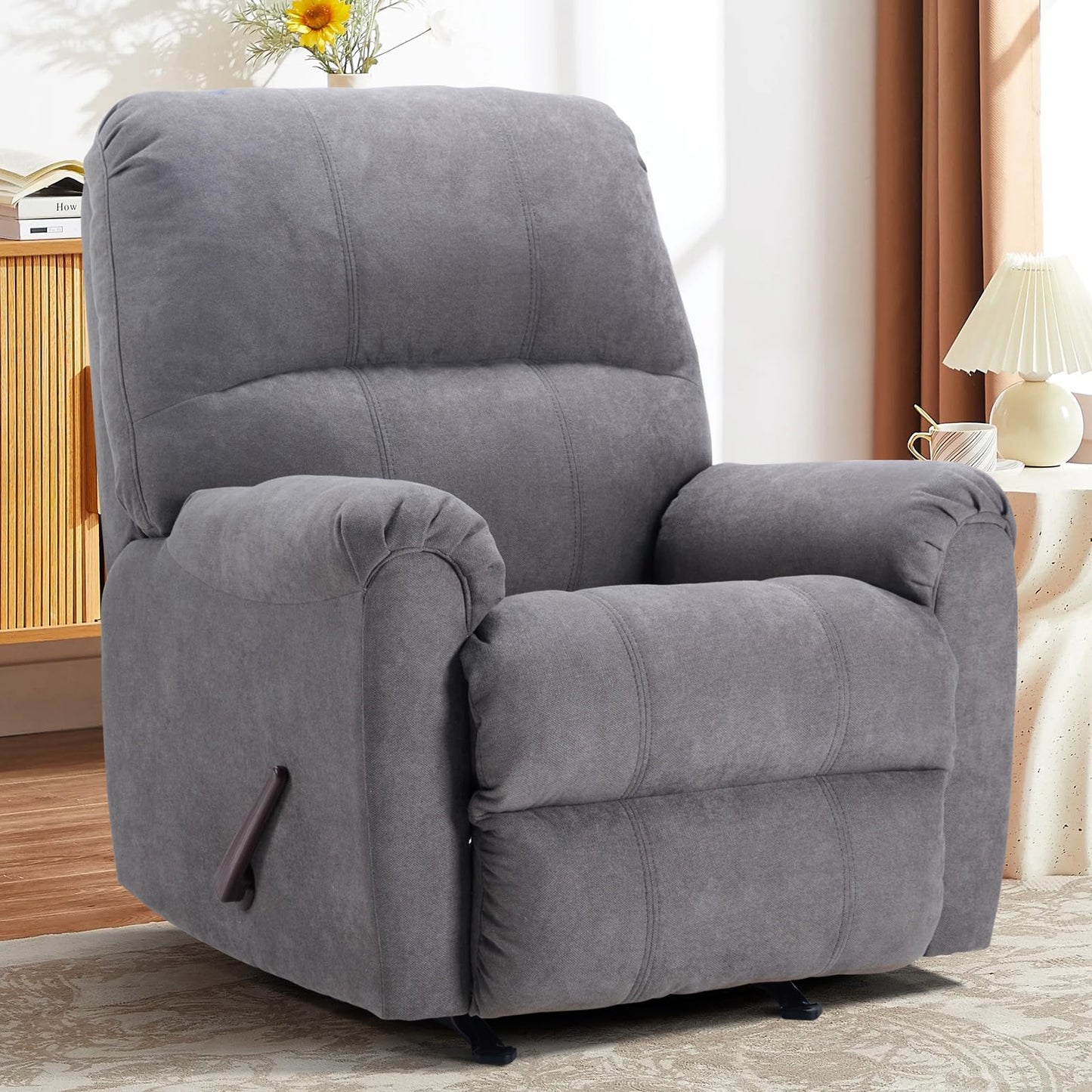 CANMOV Rocker Recliner Chair for Adults,Manual Recliner Chair with Overstuffed Backrest and Armrests, Soft Fabric Manual Rocking Reclining Sofa for Living Room,Grey