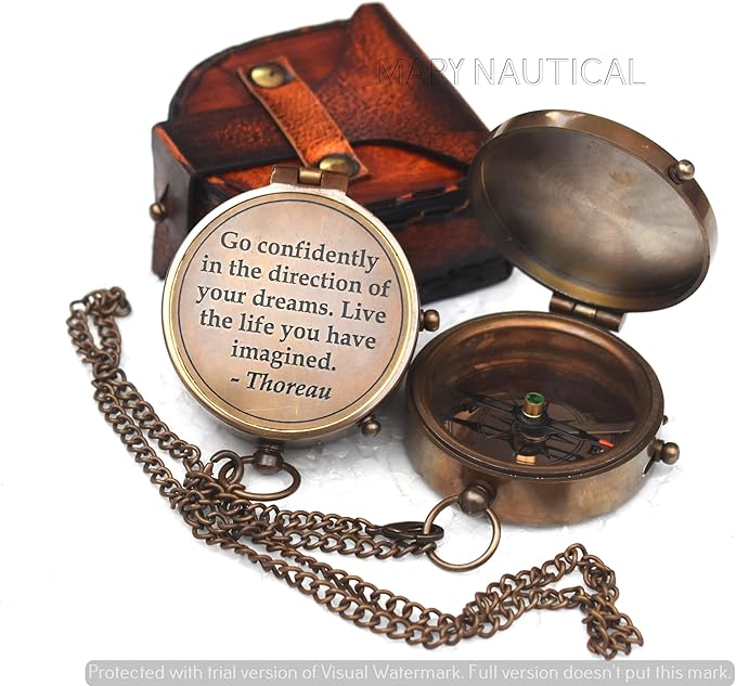 -Thoreau's Go Confidently Graduation Gift for him, Camping Compass with Leather Pouch Boating Hiking Religious Gifts, Missionary Gifts Keepsake. Confirmation Gift Direction Compass