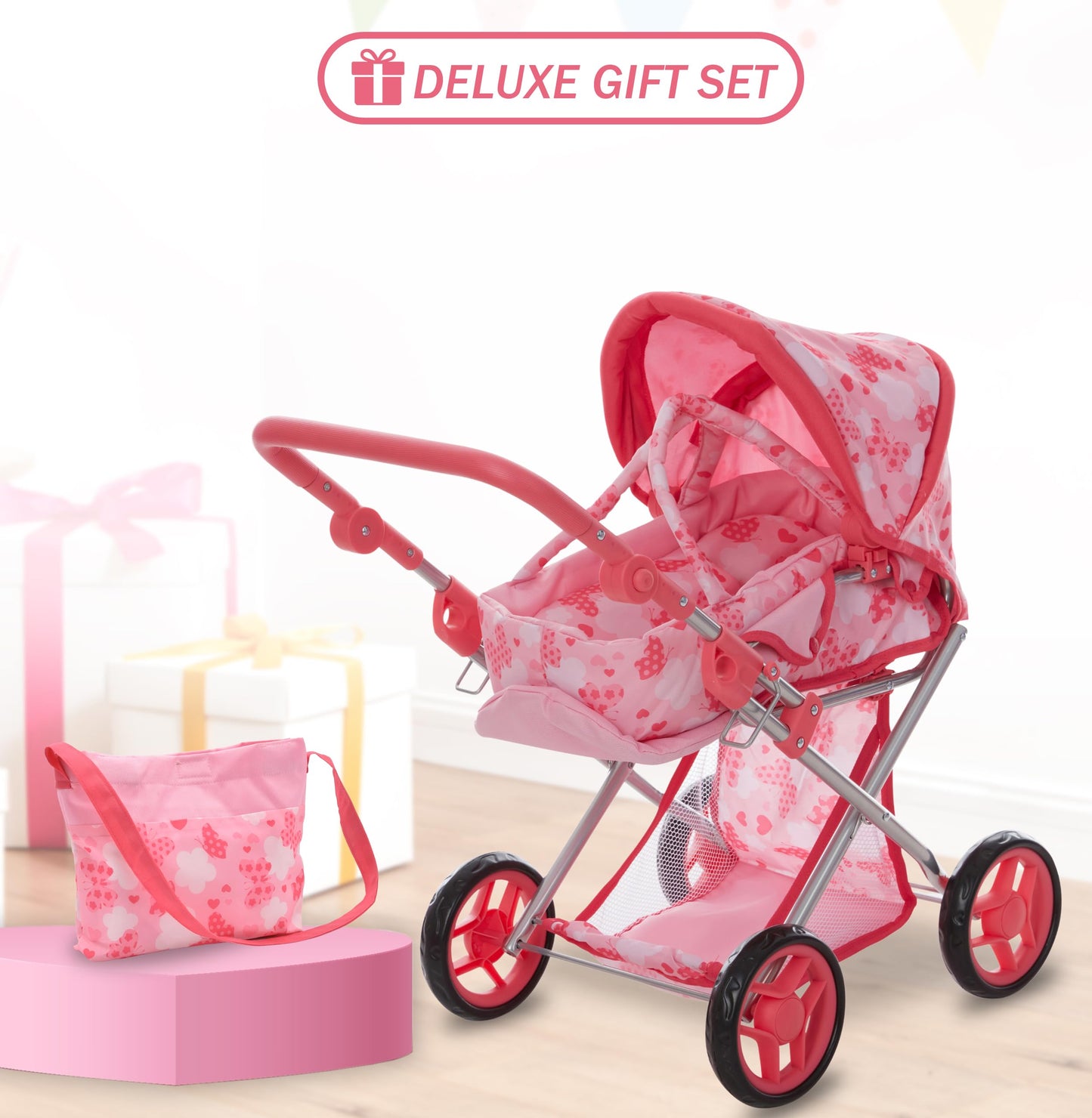 Baby Doll Convertible Pram Stroller with Removable Travel Bassinet Carrier for Kids Adjustable Handle Buggy Carriage with Canopy and Storage Basket 25 Inch Pink
