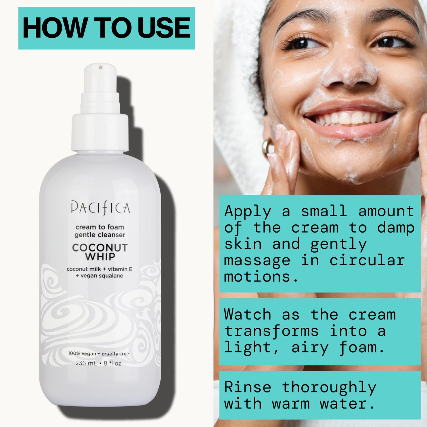 Pacifica Coconut Whip Cream to Foam Face Wash - Gentle Hydrating Facial Cleanser for Dry & Sensitive Skin, Moisturizing Daily Face Wash, Non-Comedogenic Vegan & Cruelty-Free, Dermatologist Tested 8oz