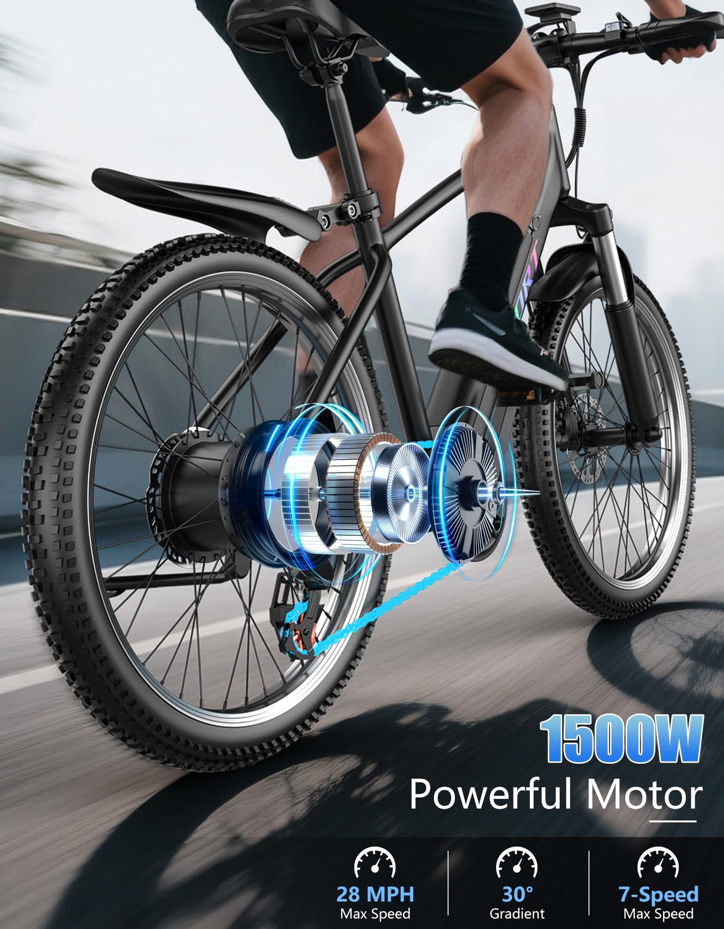Pikabike Electric Bike for Adults, 1500W Peak Motor Ebike, Max 65Miles 28MPH, 26" Electric Mountain Bike, 480Wh Removable Battery EBike, 7-Speed & Front Suspension, Electric Bicycle for Commute