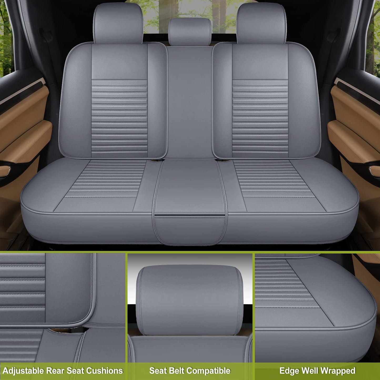 AOOG Leather Car Seat Covers, Leatherette Automotive Seat Covers for Cars SUV Pick-up Truck, Non-Slip Vehicle Car Seat Covers Universal Fit Set for Auto Interior Accessories, Full Set, Gray