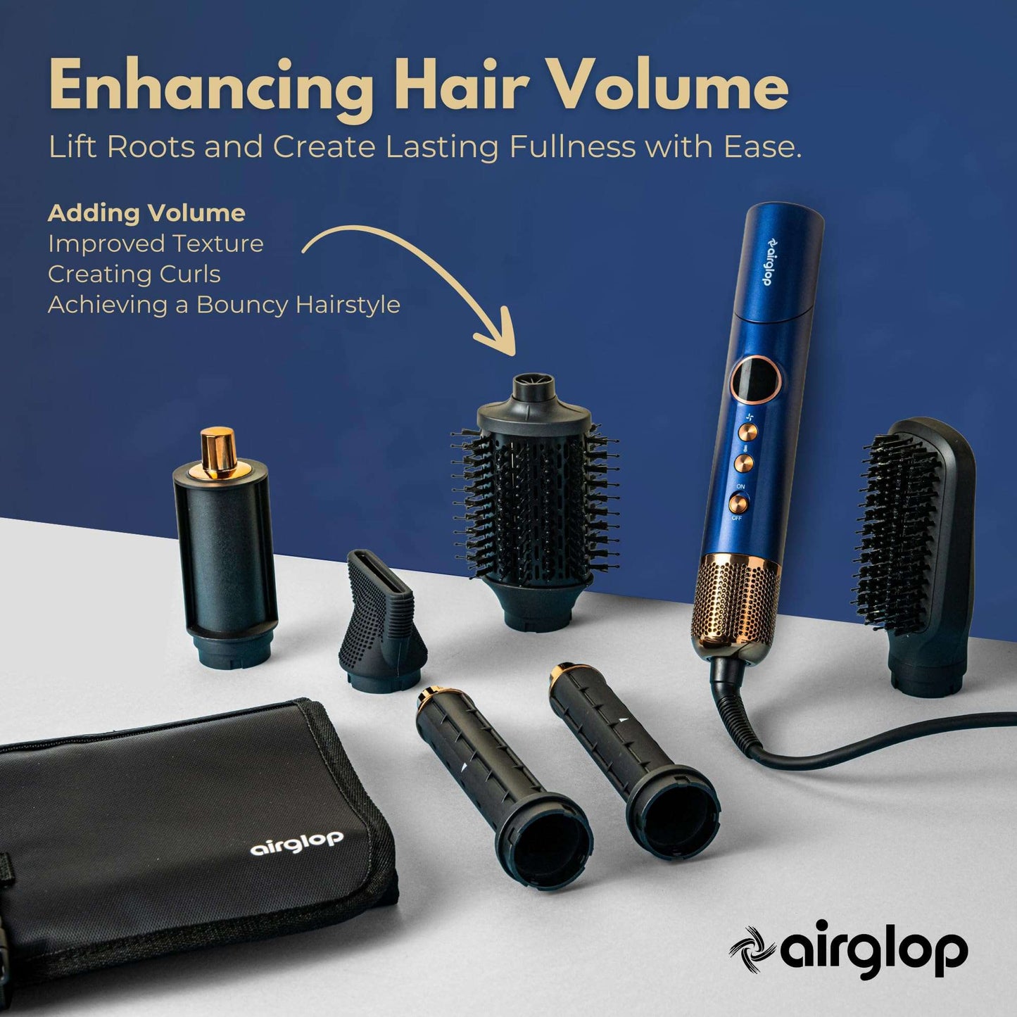 Airglop Air Styling & Drying System, Powerful Hair Dryer Brush & Multi-Styler with Auto-Wrap Curlers, Paddle Brush, Oval Brush