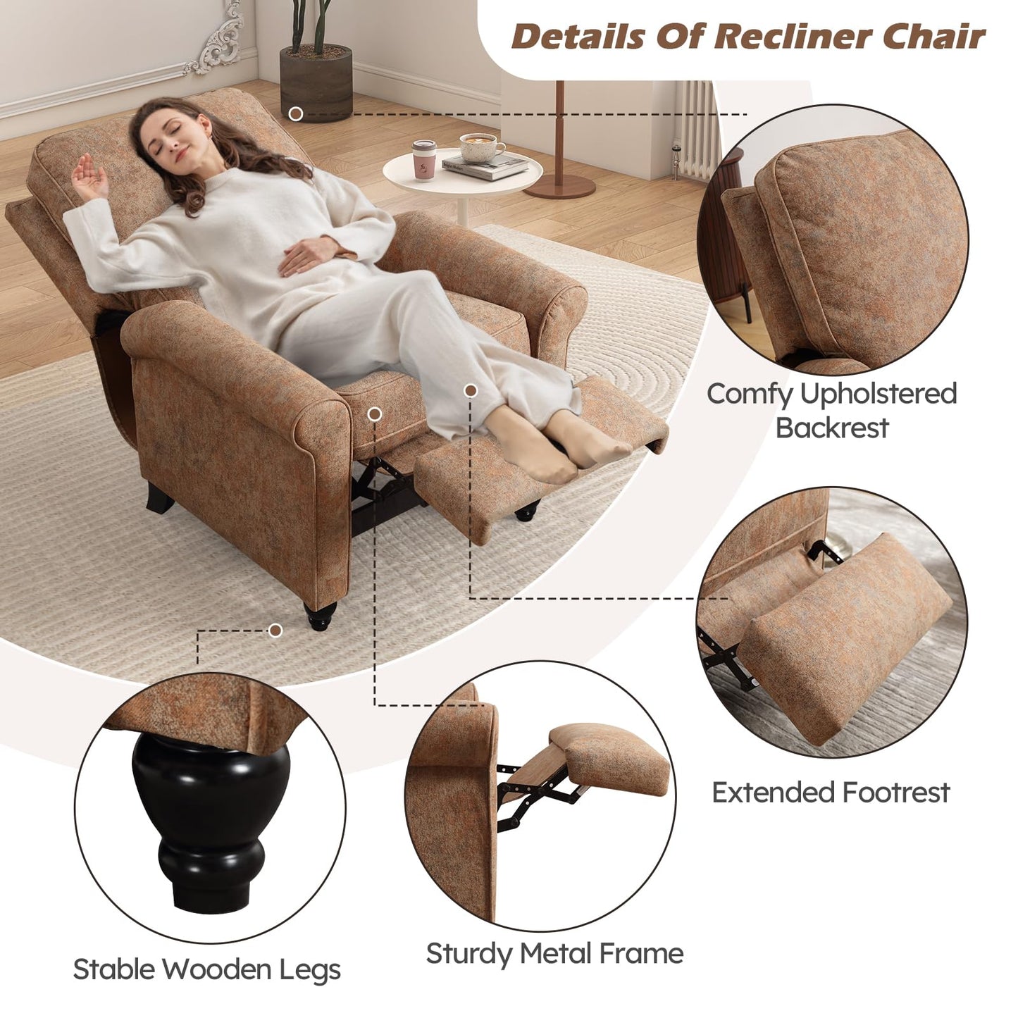 Bonzy Home Recliner Chair Accent Chair Set of 2, Push Back Reclining Chair with Padded Seat, Single Sofa Fabric Recliners for Living Room Bedroom Home Theater, Retro Brown