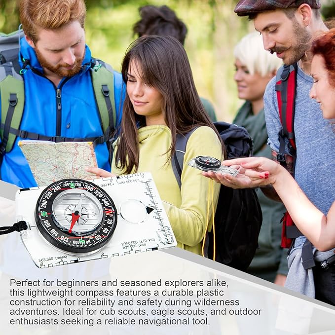 Multipurpose Outdoor Compass for Hiking, Scouting, Camping, and Navigation - Liquid-Filled, Transparent Base with Measuring Scales, Durable and Compact