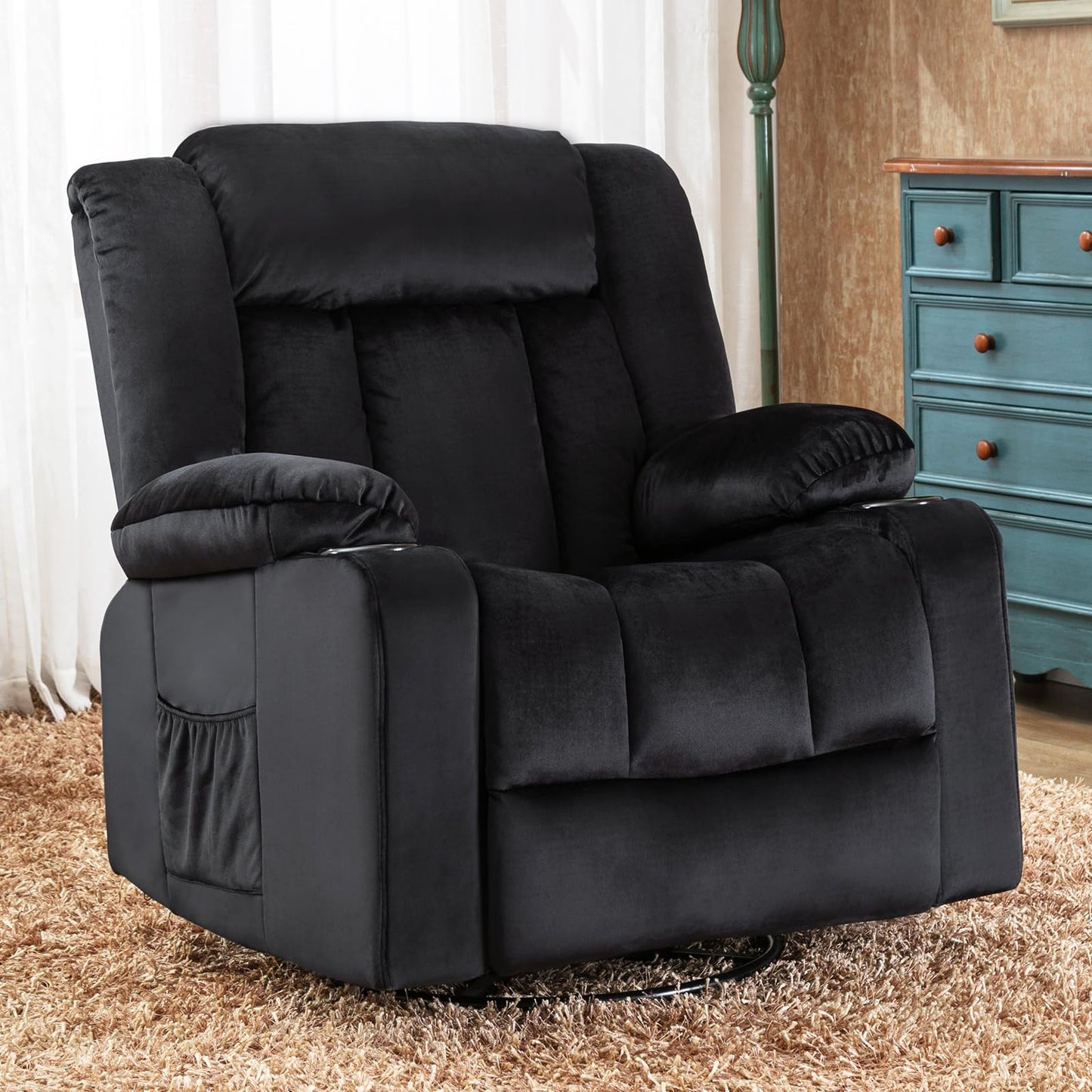 COMHOMA Recliner Chair,360° Swivel Rocker Glider Recliners with Cup Holders, Upholstered Fabric Rocking Chair for Adults,Manual Reclining Single Sofa for Living Room,Black