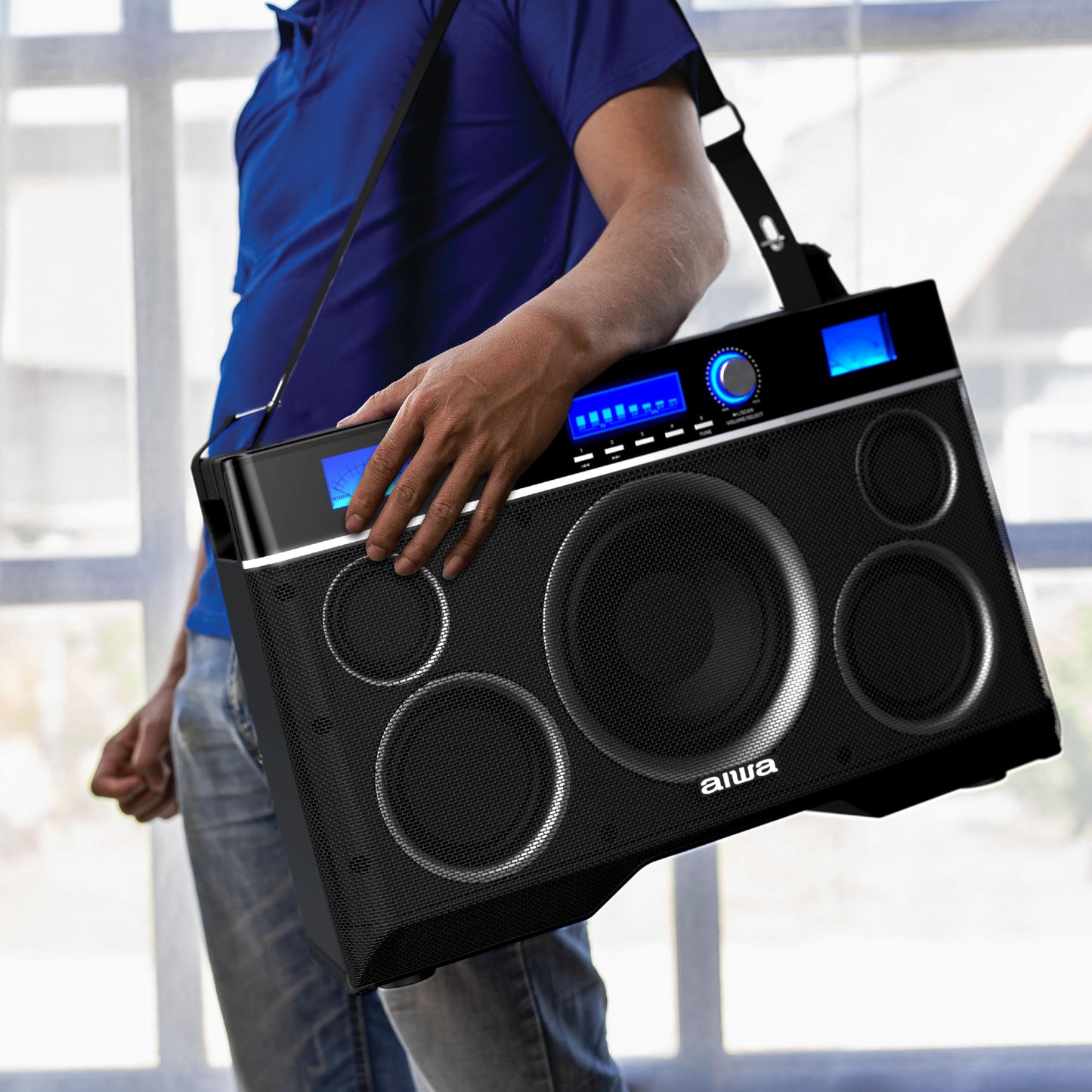 Aiwa Exos-10 Portable Bluetooth Speaker, 200W RMS Power, 6.5” Subwoofer, Deep Bass, Party Sync, Backlit Display, FM/BT/USB/AUX, Remote Control, Carry Strap, Bluetooth V5.0