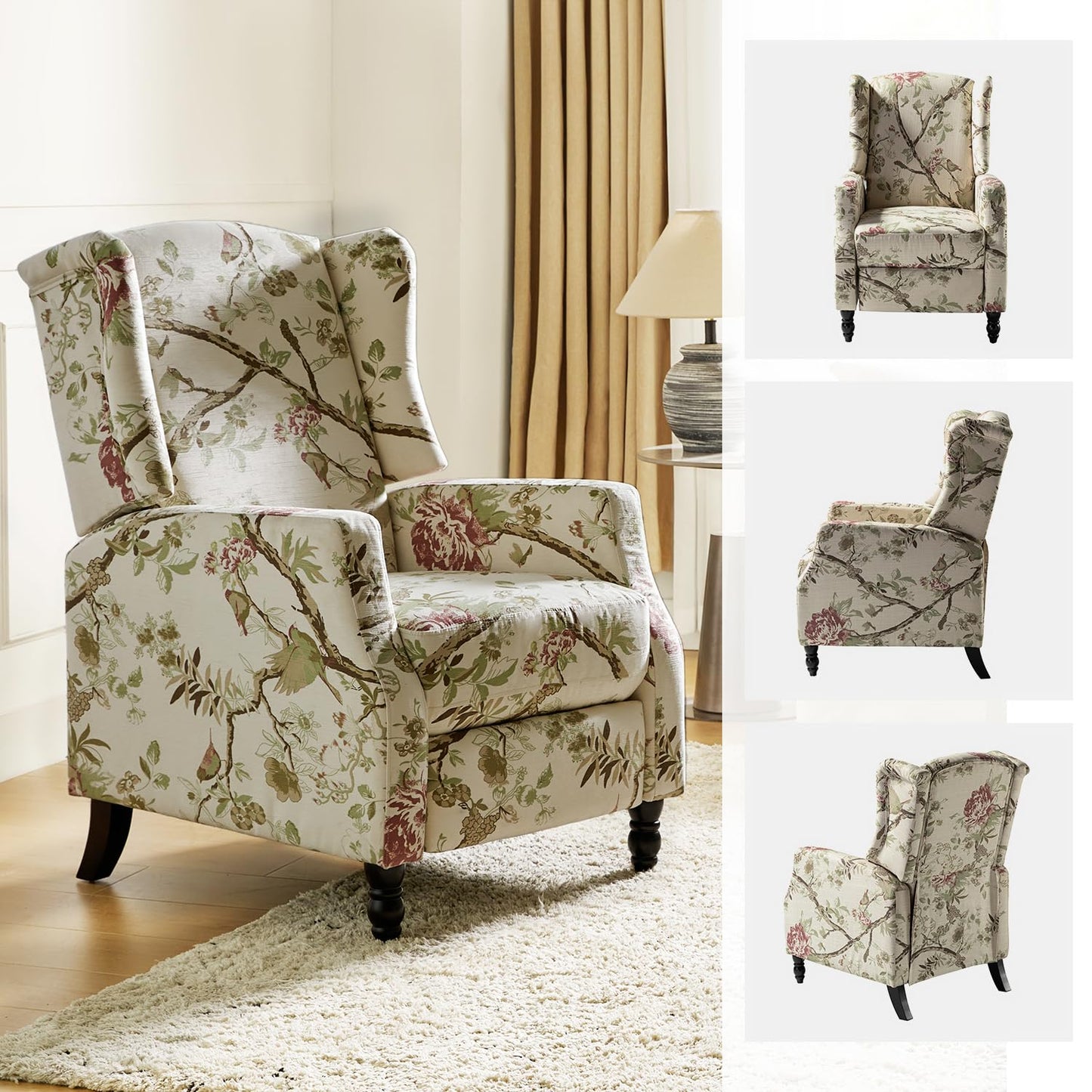 HULALA HOME Wingback Recliner Chair, Traditional Push Back Recliner Single Sofa Chair with Solid Wood Legs, Modern Lounge Armchair for Living Room, Comfy Upholstered Accent Reclining, Bird