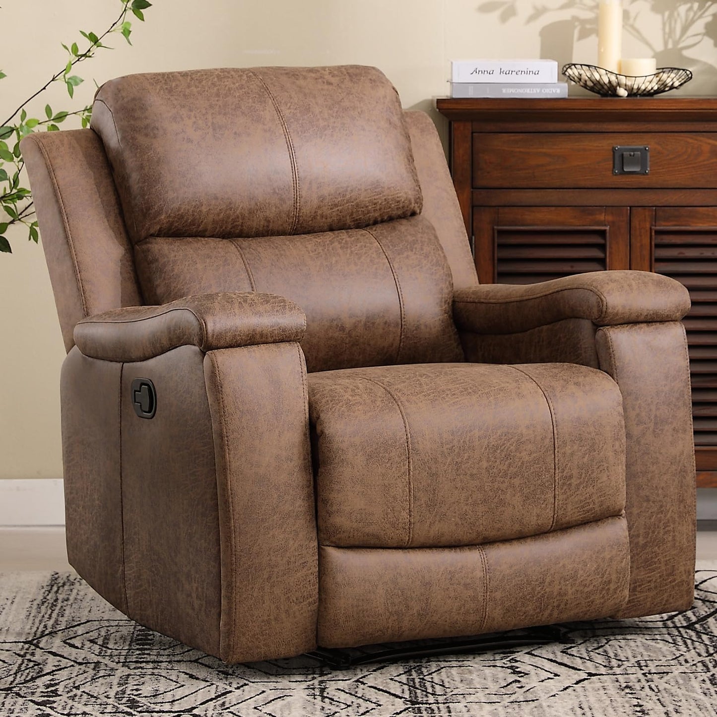 CANMOV Leather Recliner Chair Set of 2, Classic and Traditional Manual Recliner Chair with Overstuffed Arms and Back, Manual Single Sofa with Concealed Cup Holders,Nut Brown