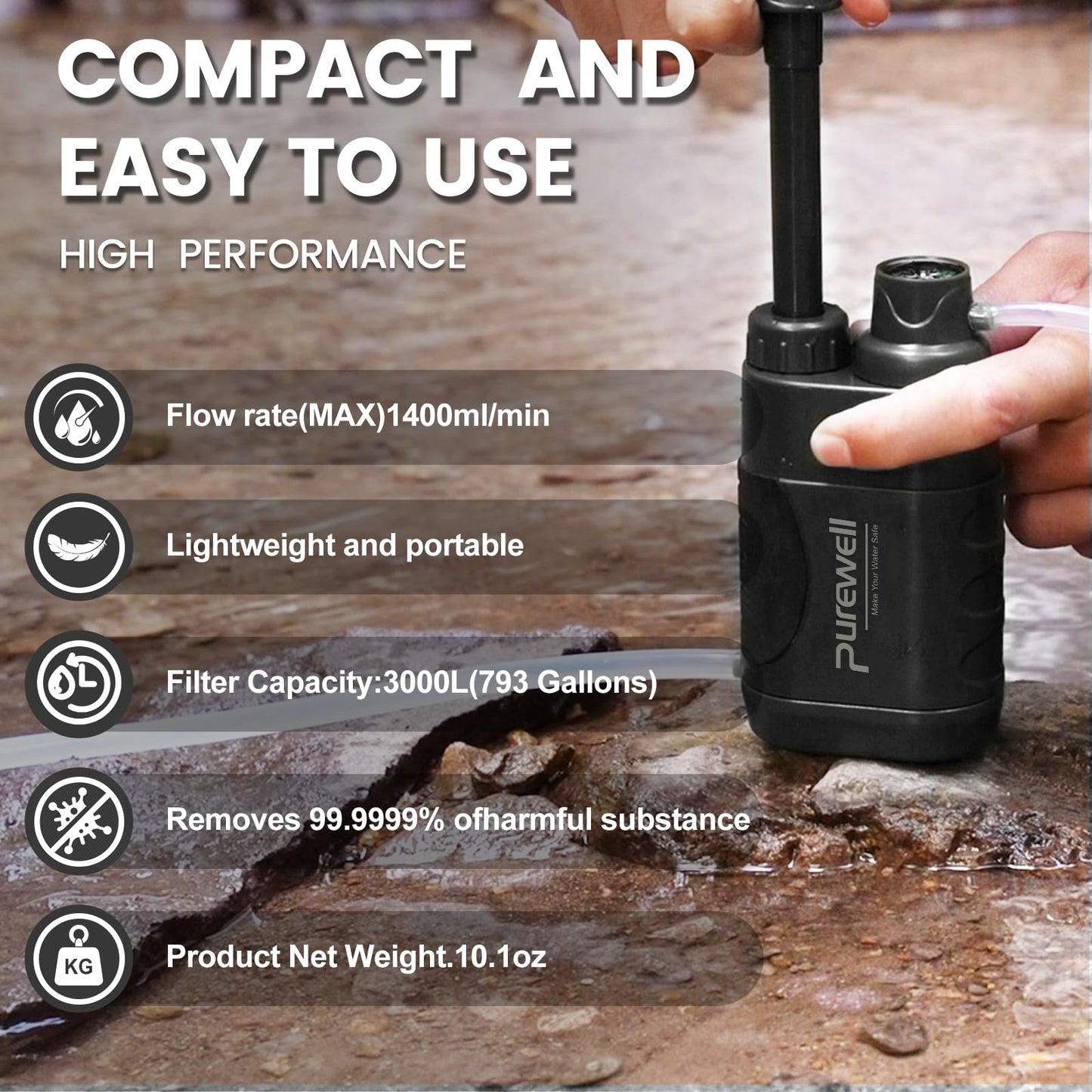 Purewell PRO Water Hand Purifier Pump with Replaceable Carbon 0.01 Micron Water Filter, 4 Filter Stages, Portable Outdoor Emergency and Survival Gear - Camping, Hiking, Backpacking