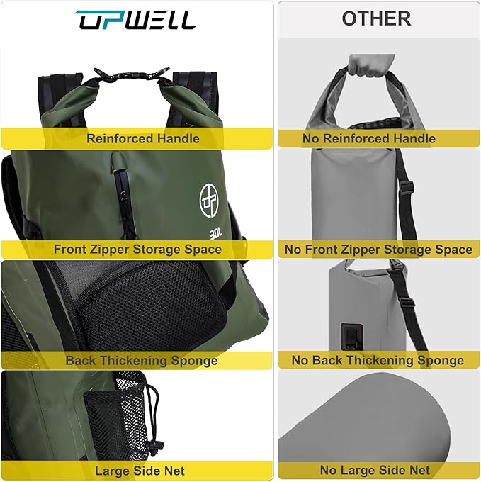 UPWELL Waterproof Dry Bag 30L Boating Backpack for Travel Hiking Camping Bags for Kayaking Hiking Waterproof Bags Swimming Floating Submersible Dry Bag Green