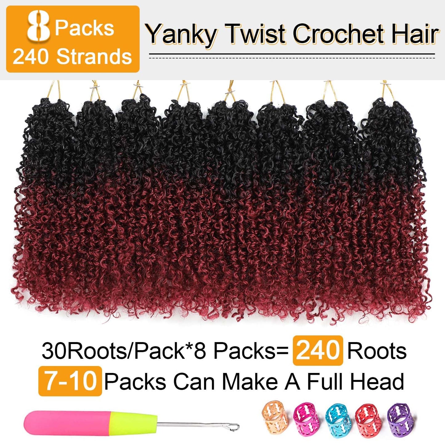 Aksice Yanky Twist Crochet Hair Burgundy 12 Inch 8 Packs Bohemian Passion Mini Twist Crochet Hair Pre-looped Crochet Braids Plus Yanky Twist Hair Extensions for Women (1B/BUG#)