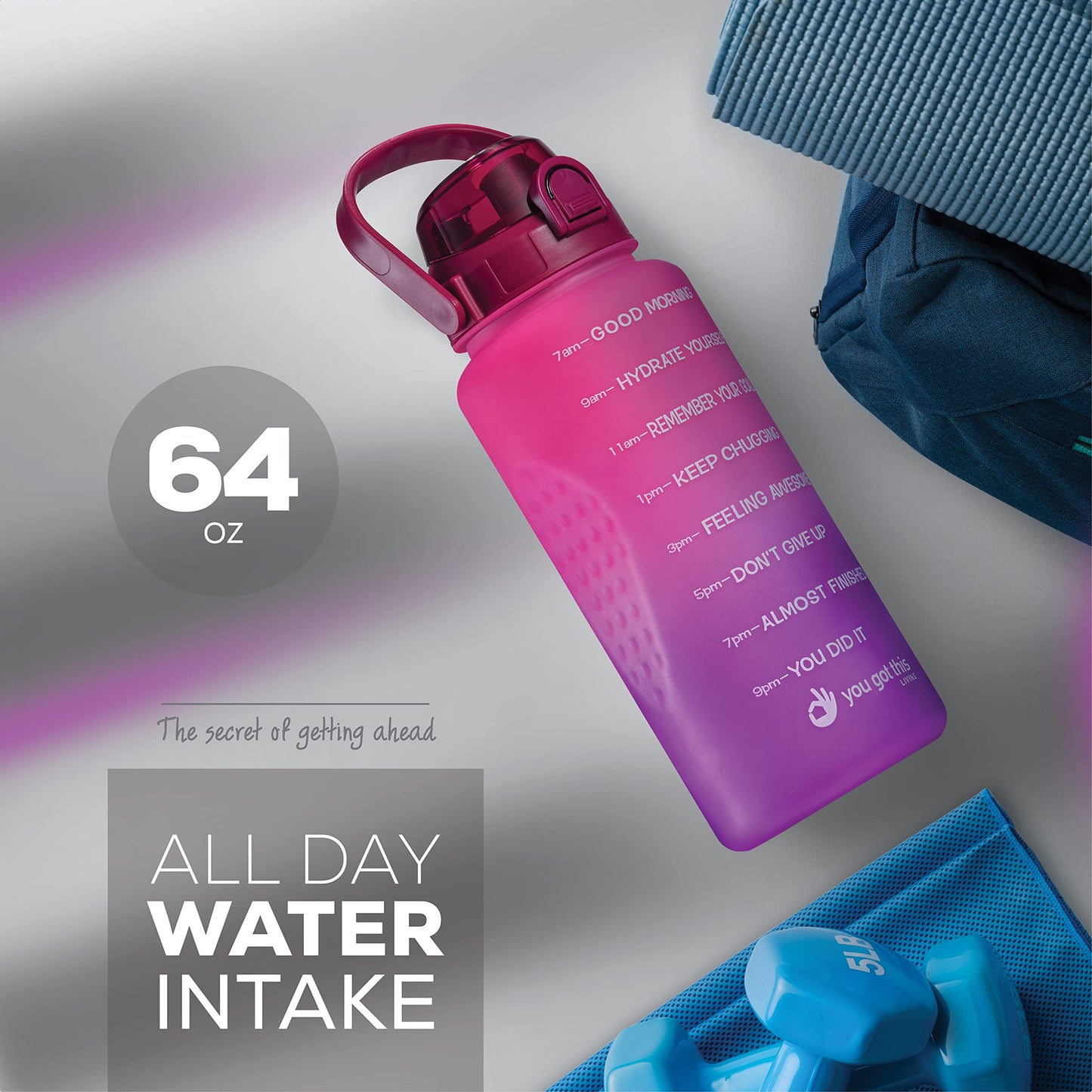 YOU GOT THIS LIVING Motivational Water Bottle with Time Marker,Half Gallon Water bottle with Straw 64 oz/2.2L Gym Water Bottle, Achieve All-Day Hydration SpillProof, BPA FREE