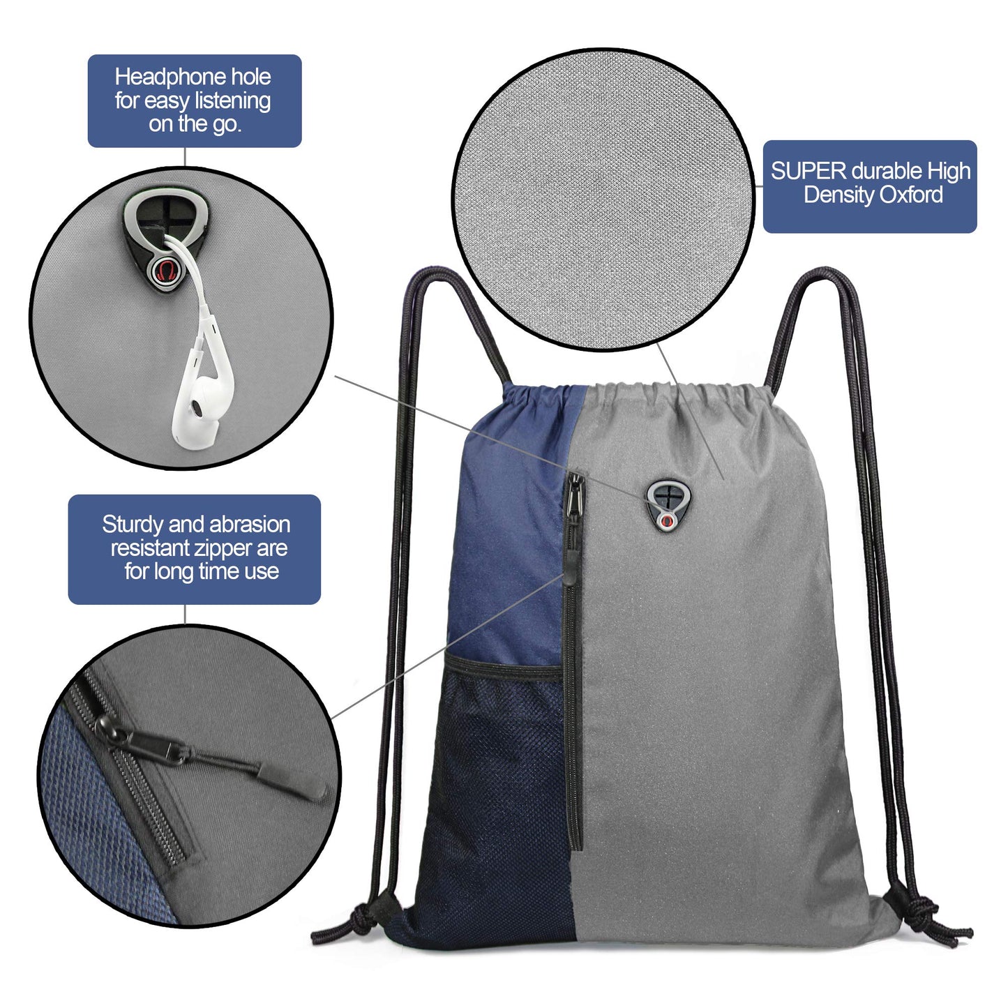 BeeGreen Grey Drawstring Backpack Sports Gym Bag For Women Men Large Draw String Bags Pack With Zipper and Water Bottle Mesh Pockets Workout Bag