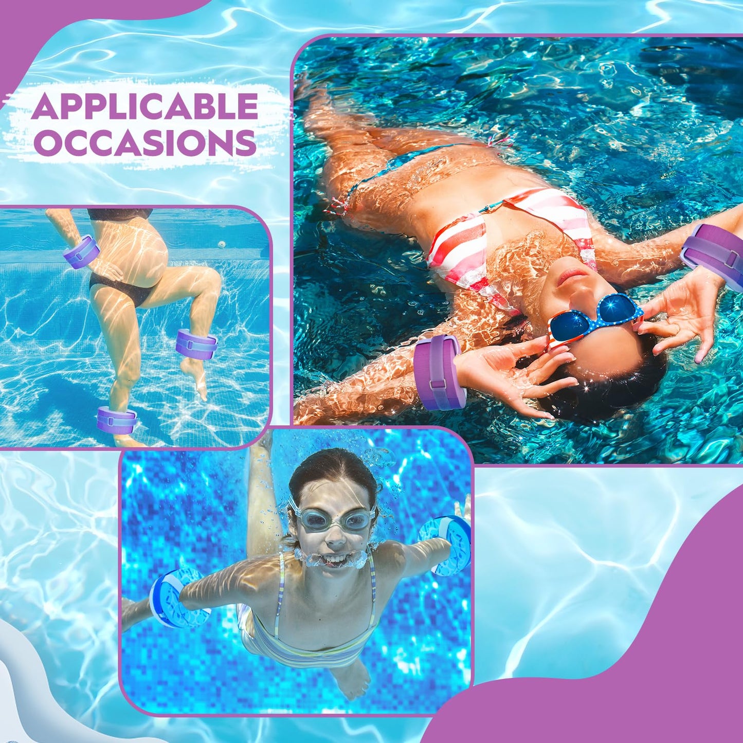 RoundFunny 2 Pcs Foam Swim Aquatic Cuffs Equipment Water Aerobics Float Ring with Detachable Hook and Loop Fastener Fitness Workout Set for Swimming Fitness Training Pool Exercise (Purple)