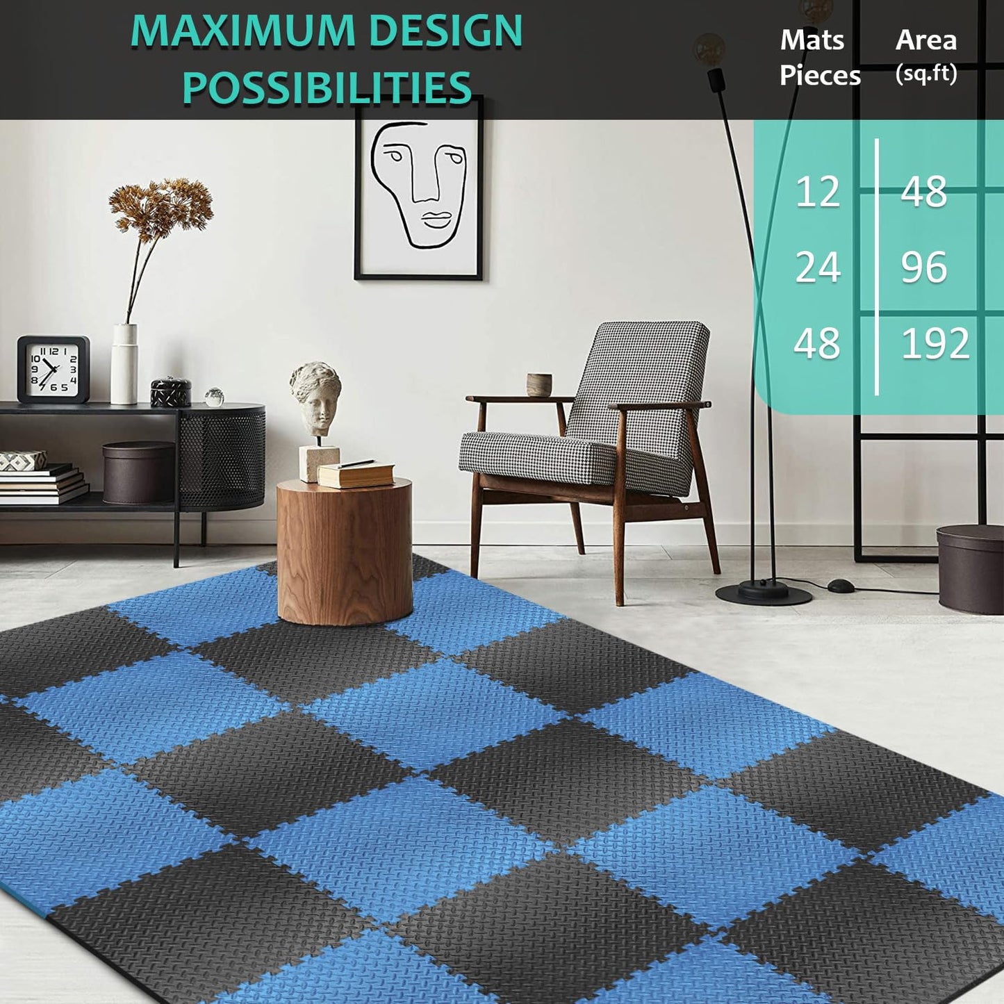 BEAUTYOVO Puzzle Exercise Mat with 24 Tiles Interlocking Foam Gym Mats, 24'' x 24'' EVA Foam Floor Tiles, Protective Flooring Mats Interlocking for Gym Equipment (96 Sq.Ft/24 Tiles - Black&Blue)