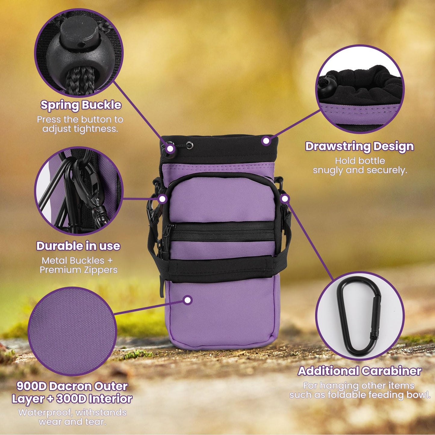 Nuovoware Water Bottle Carrier, 40oz Bottle Carrier Sports Water Bottle Holder with Adjustable Shoulder Strap, 2 Pockets Flask Sling Bag Drawstring Pouch for Climbing Hiking Walking, Purple