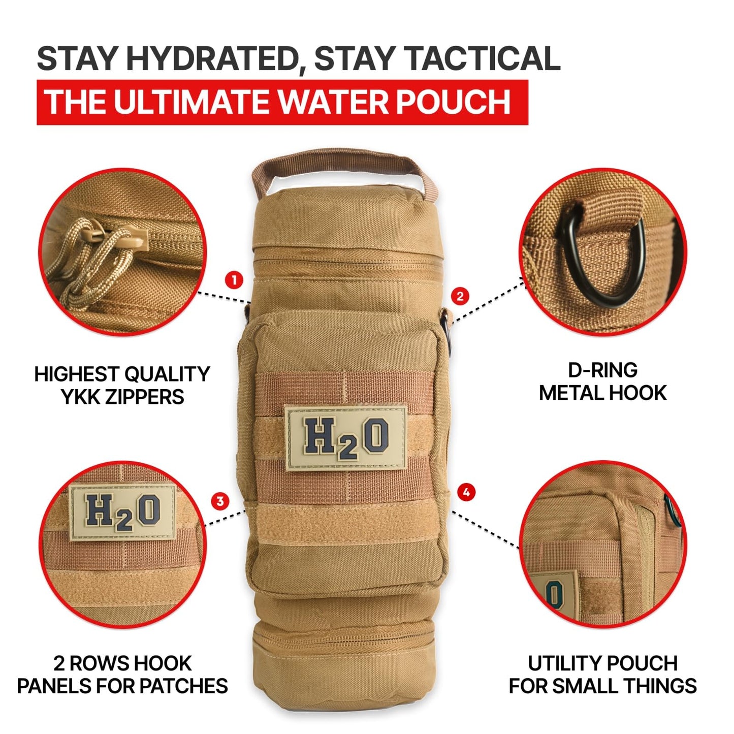 Orca Tactical Molle Water Bottle Pouch - Molle Water Bottle Holder with Strap - Water Bottle Carrier with Multiple Storage Options (Coyote Brown)