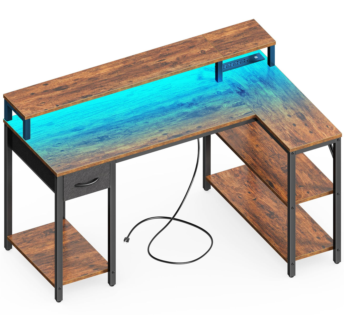 SUPERJARE 47 inch Reversible L Shaped Desk with LED Lights & Power Outlets, Computer Desk with Shelves & Monitor Stand, Gaming Desk with Drawer, Home Office Desk Corner Desk, Rustic Brown