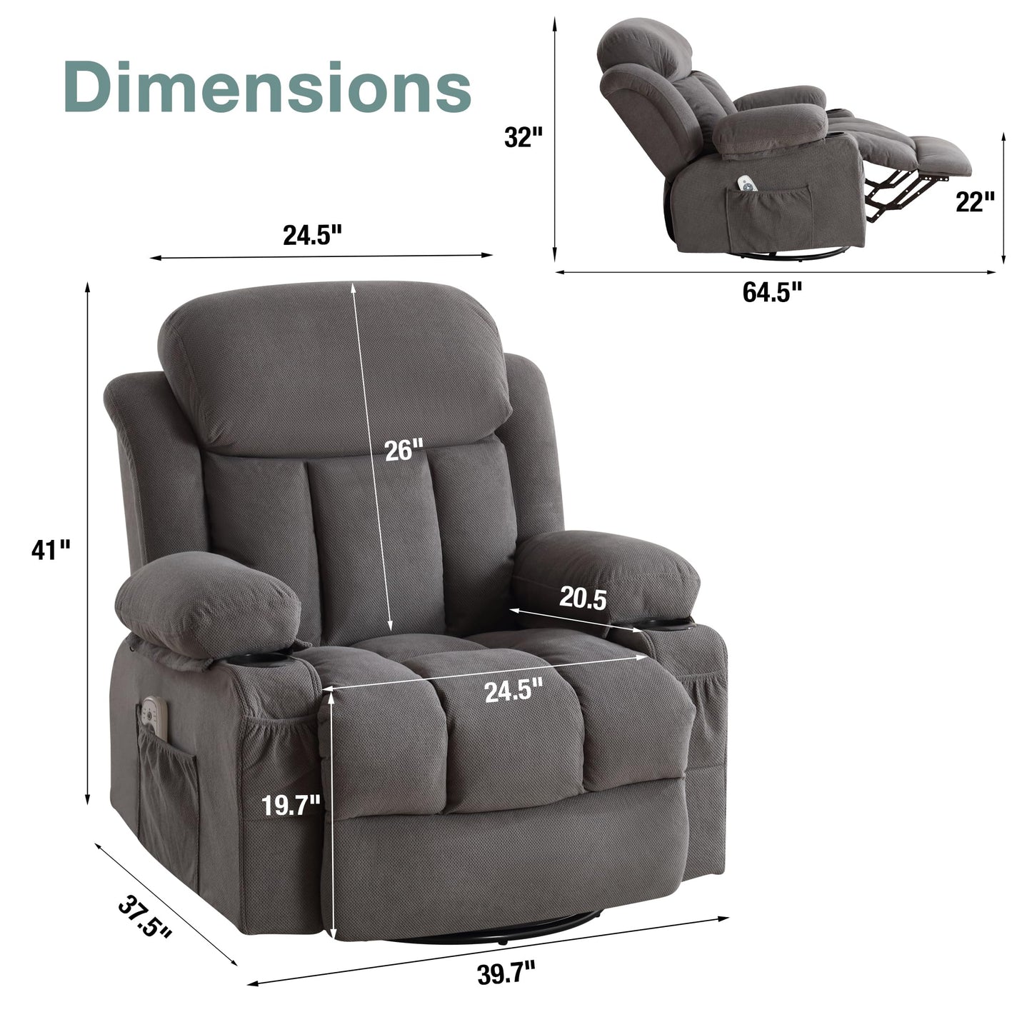 BOSMILLER Massage Recliner Chair, Swivel and Rocking Recliner with Heat and Vibration, Breathable Fabric Ergonomic Single Sofa Chair for Living Room with Cup Holders, Side Pockets and USB (Grey)