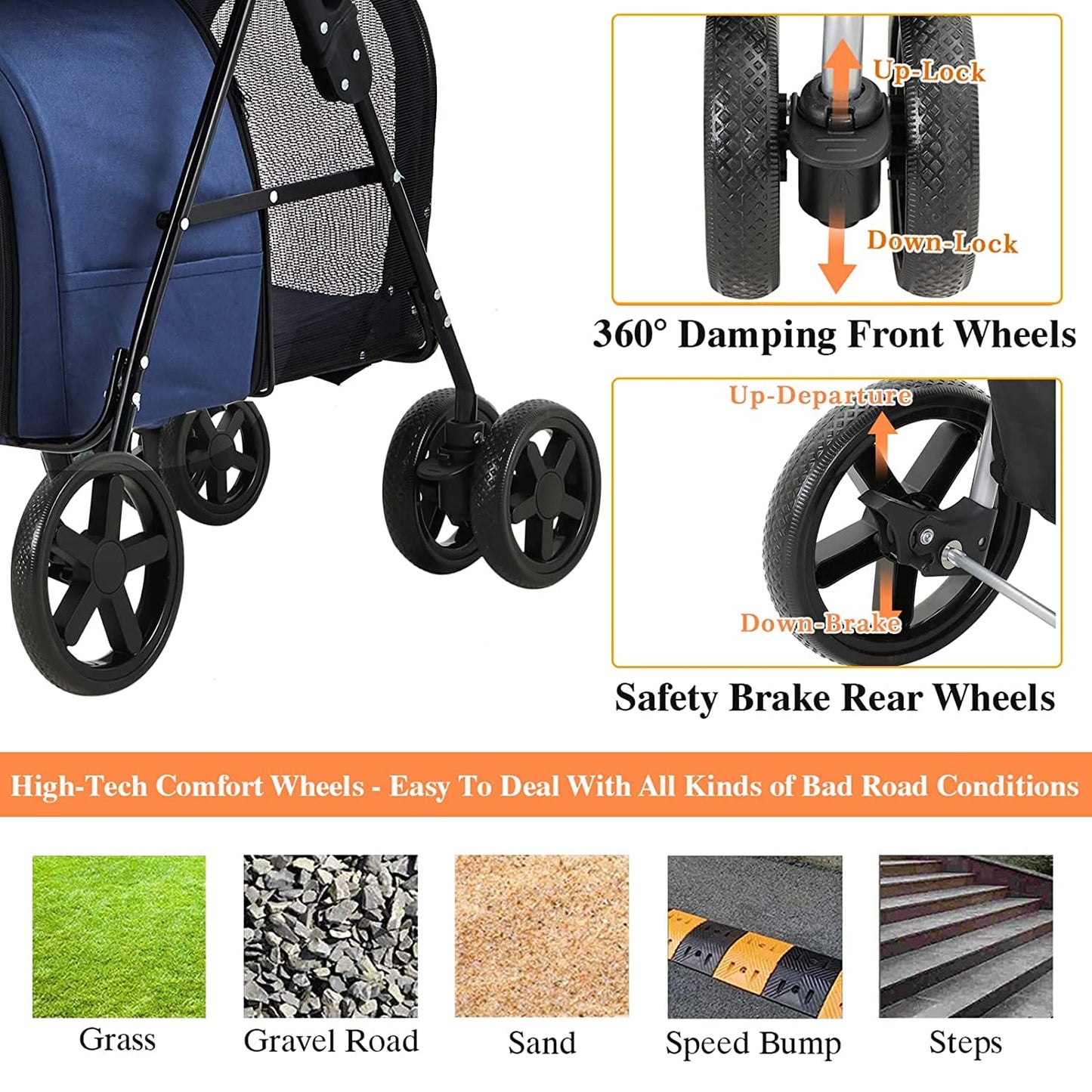 VIAGDO Dog Strollers for Small Medium Dogs, Double Cat Strollers for 2 Cats, 4-in-1 Small Doggy Pet Stroller, 2 Detachable Carriers, 4 Lockable Wheels, Pet Travel Cart, Folding Trolley, Navy Blue