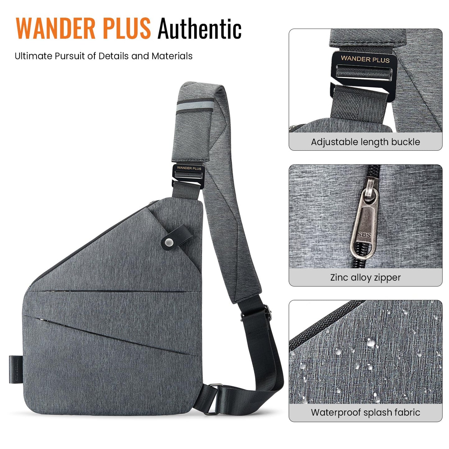 Anti Theft Crossbody Bag, WANDER PLUS Authentic Crossbody Bags for Women Men, Convertible Cross Body Bag, Lightweight, Trendy, Casual, Sling Chest Bag Anti-Theft Design for Travel, Sport (Grey)