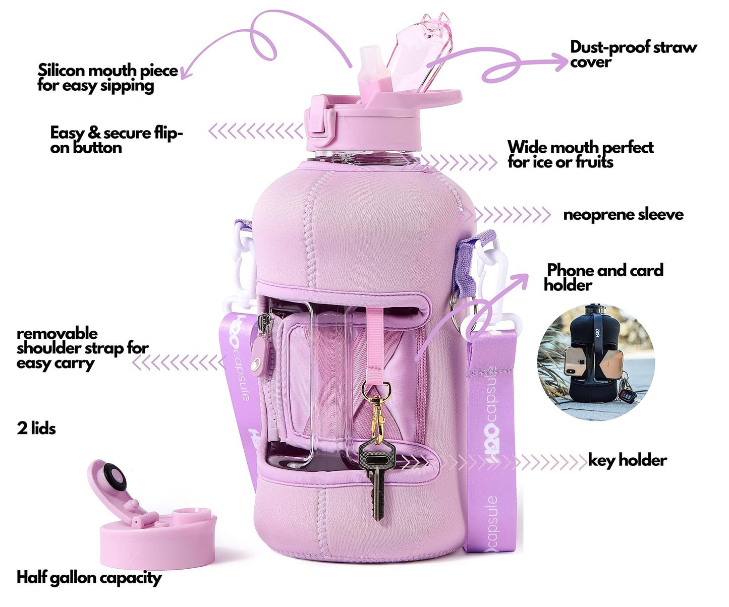 H2O Capsule 2.2L Half Gallon Water Bottle with Storage Sleeve and Covered Straw Lid – BPA Free Large Reusable Drink Container with Handle - Big Sports Jug, 2.2 Liter (74 Ounce) Lilac