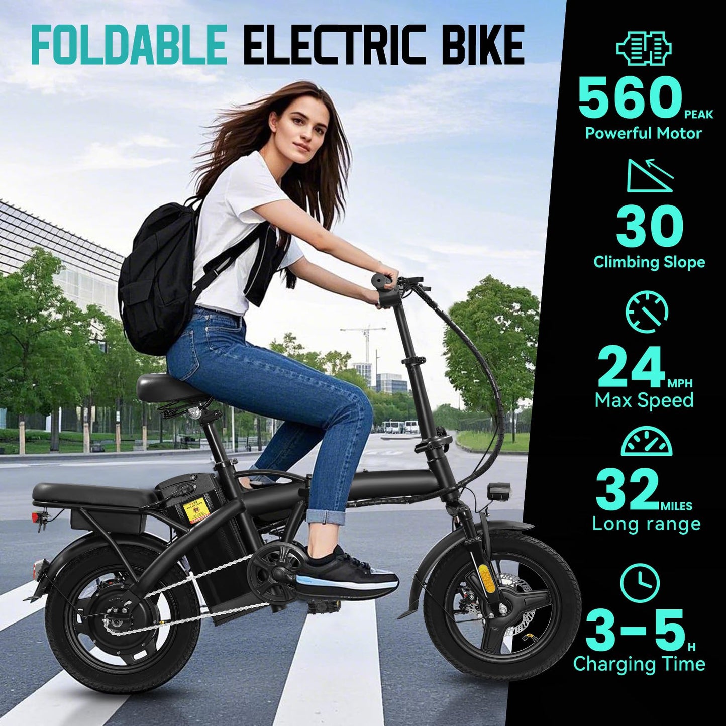 Electric Bike for Adults Teens, Commuter City Folding ebike with 560W Motor and 48V Battery, 24MPH 3-Level Pedals Assist, Dual Disc Brakes,14" Compact Foldable Electric Bicycle with UL 2849 Certified