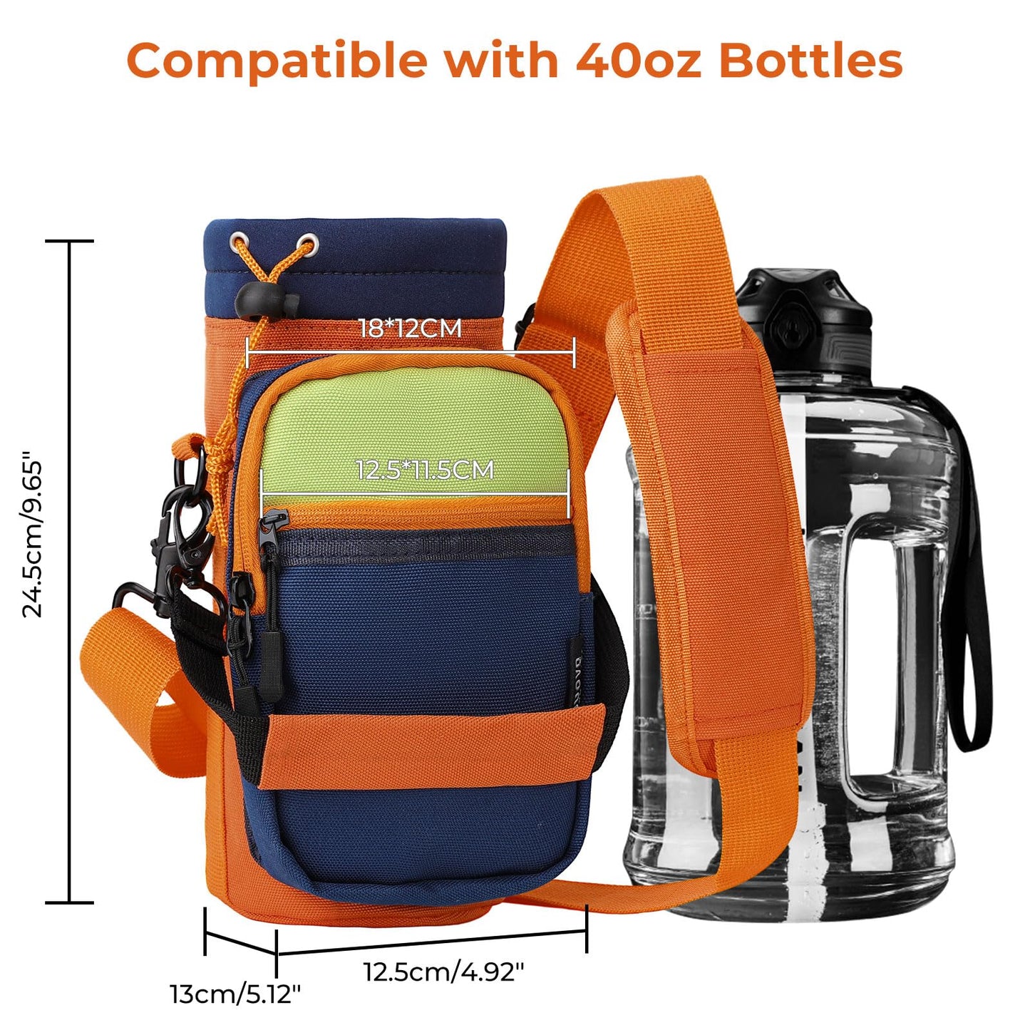 Nuovoware Water Bottle Carrier, 40oz Bottle Carrier Sports Water Bottle Holder with Adjustable Shoulder Strap, 2 Pockets Flask Sling Bag Drawstring Pouch for Hiking, Dark Blue+Orange+Grass Green