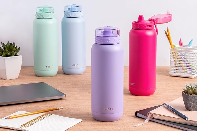 Ello Cooper 22oz Stainless Steel Water Bottle with Straw and Carry Handle, Double Walled and Vacuum Insulated Metal, Leak Proof Locking Lid with Soft Silicone Spout, Reusable, BPA Free, Yucca