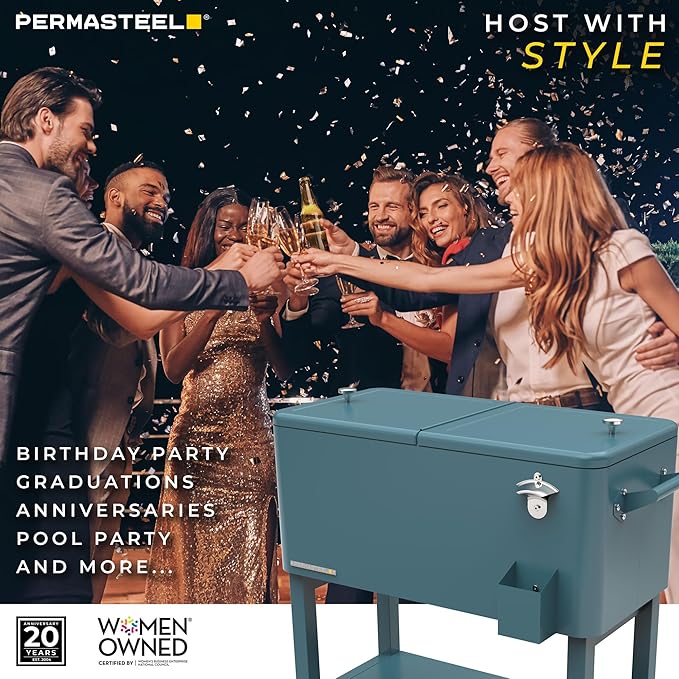 Permasteel Party Cooler with Removable Basin, Spacious 80-Qt Capacity, Rolling Ice Chest for Indoor and Outdoor Entertainment Teal + Bonus Cover